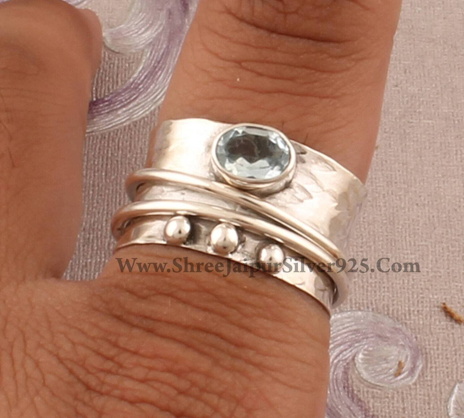 Natural Blue Topaz Solid 925 Sterling Silver Spinner Ring For Women, Handmade Oval Meditation Wedding Ring Boho Worry Anxiety Ring Gift Idea