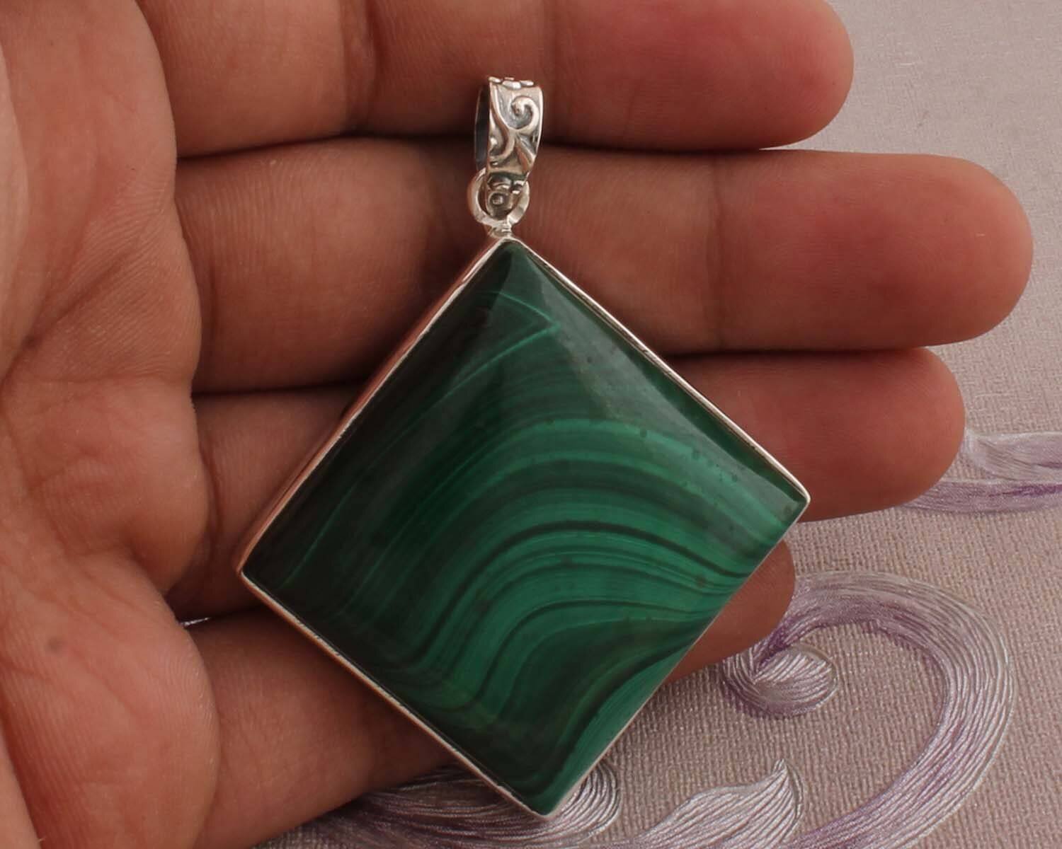 Top Quality Malachite Gemstone Pendant Square Cabochon Stone Pendant,Big Size Pendant,Opaque Stone Pendant 925-Sterling Silver Pendant