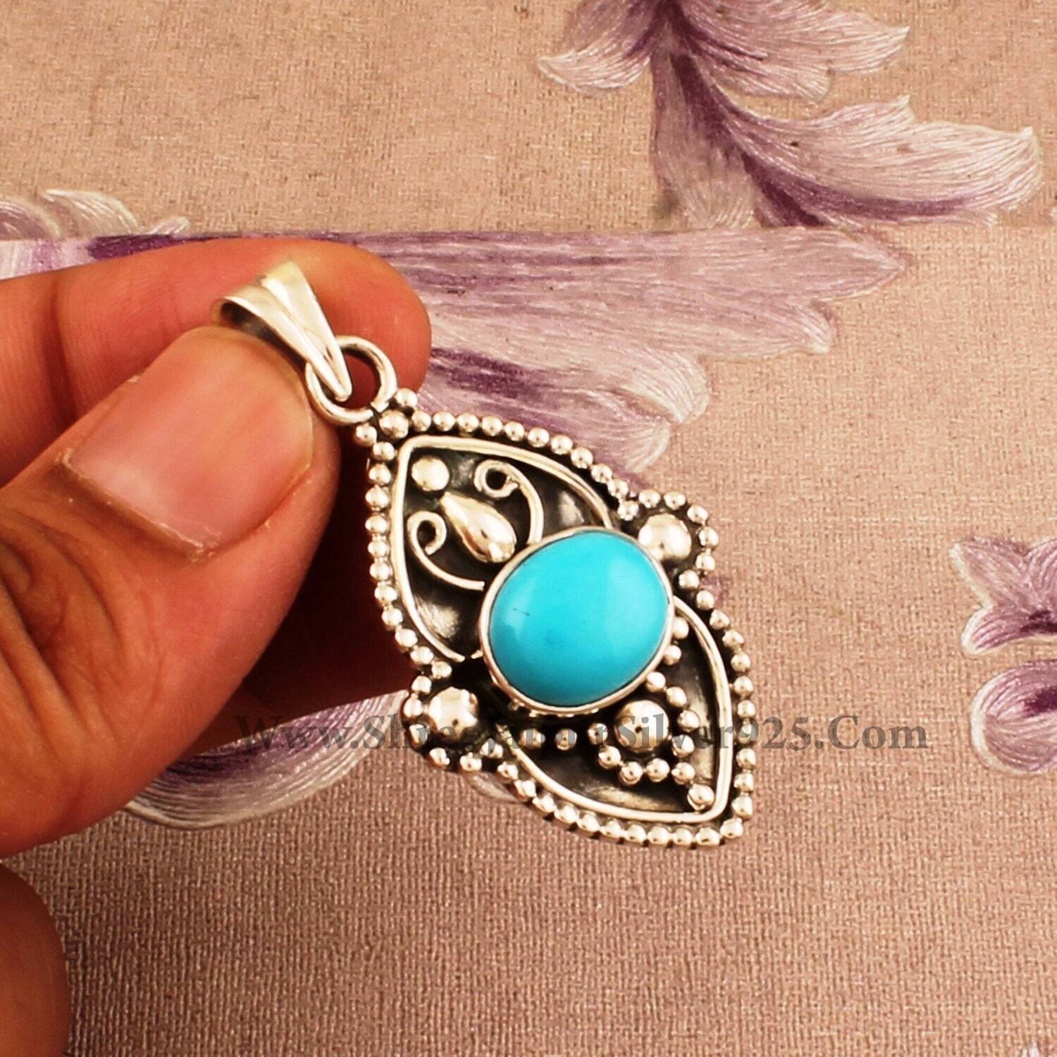 Turquoise 925 Sterling Silver Necklace Pendant For Women, Turquoise Oval Stone Wedding Pendant, Solid Silver Engraved Pendant For Gift Idea