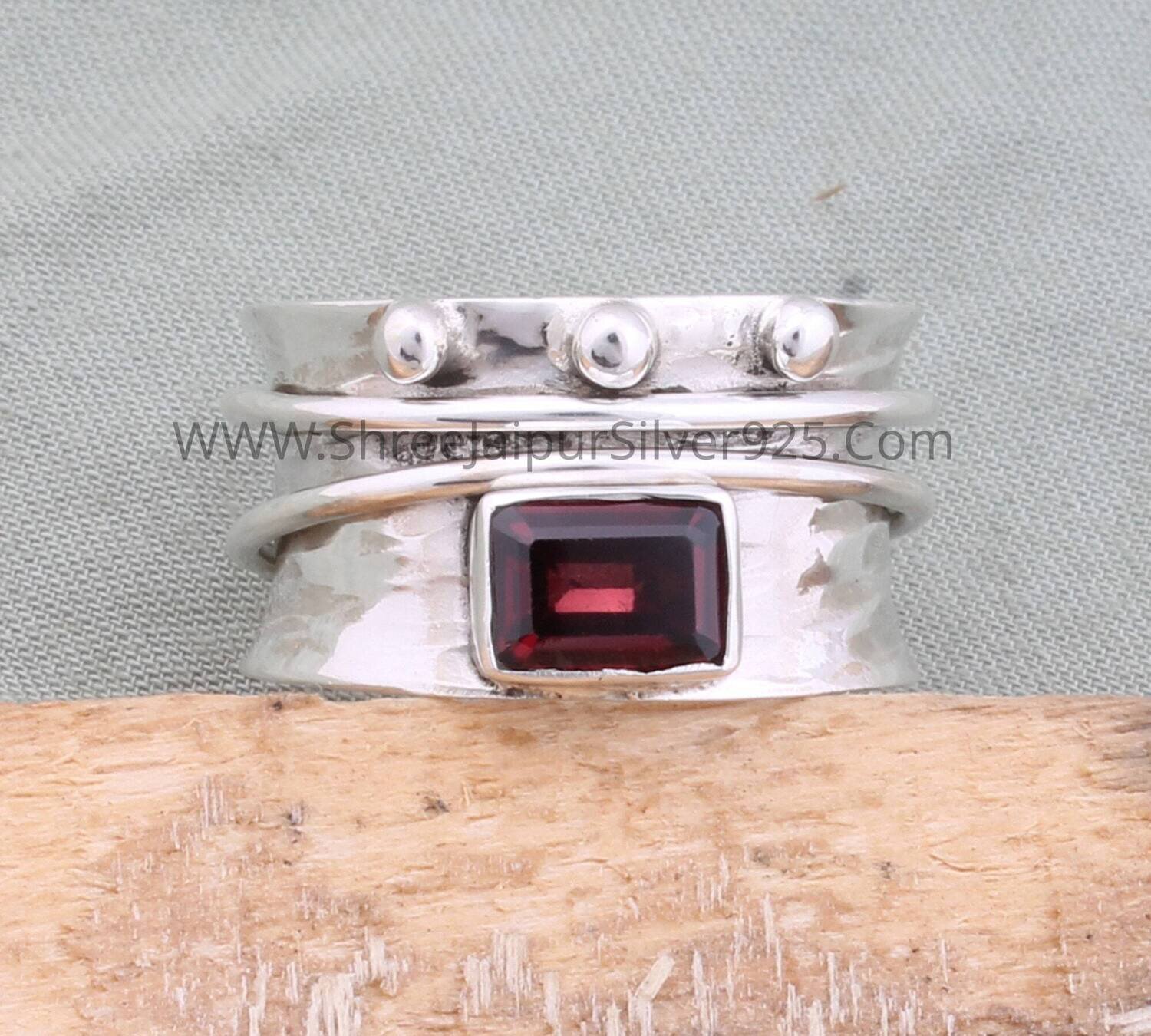 925 Sterling Silver Natural Red Garnet Spinner Ring, Handmade Hammered Wide Band Fidget Anxiety Ring Gift For Women Wedding Anniversary Ring