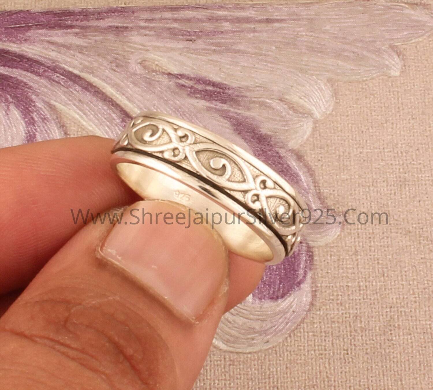Hand Engraved Solid 925 Sterling Silver Spinner Ring For Women, Handmade Boho Meditation Ring For Her Silver Worry Ring For Wedding Gift