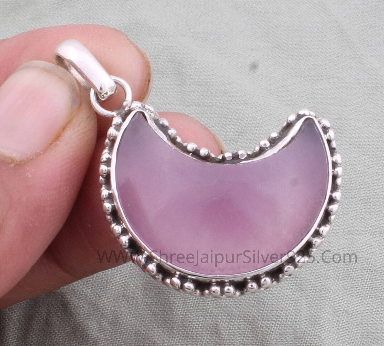 Large Pink Jade Moon Sterling Silver Pendant, Jade Pendant, 925 Sterling Silver Gemstone Moon Necklace, Moon Shaped Pendant, Gift For Women