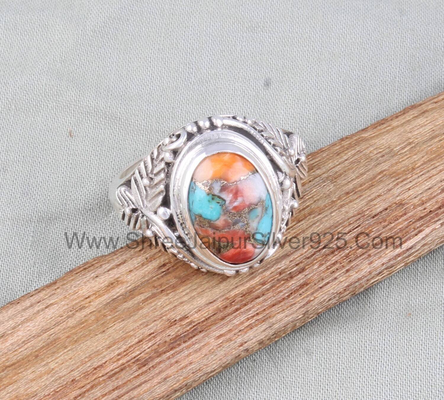 Oyster Copper Turquoise Solid 925 Sterling Silver Ring For Women, Handmade Silver Engraved Leaves Ring For Wedding Anniversary Gift For Her
