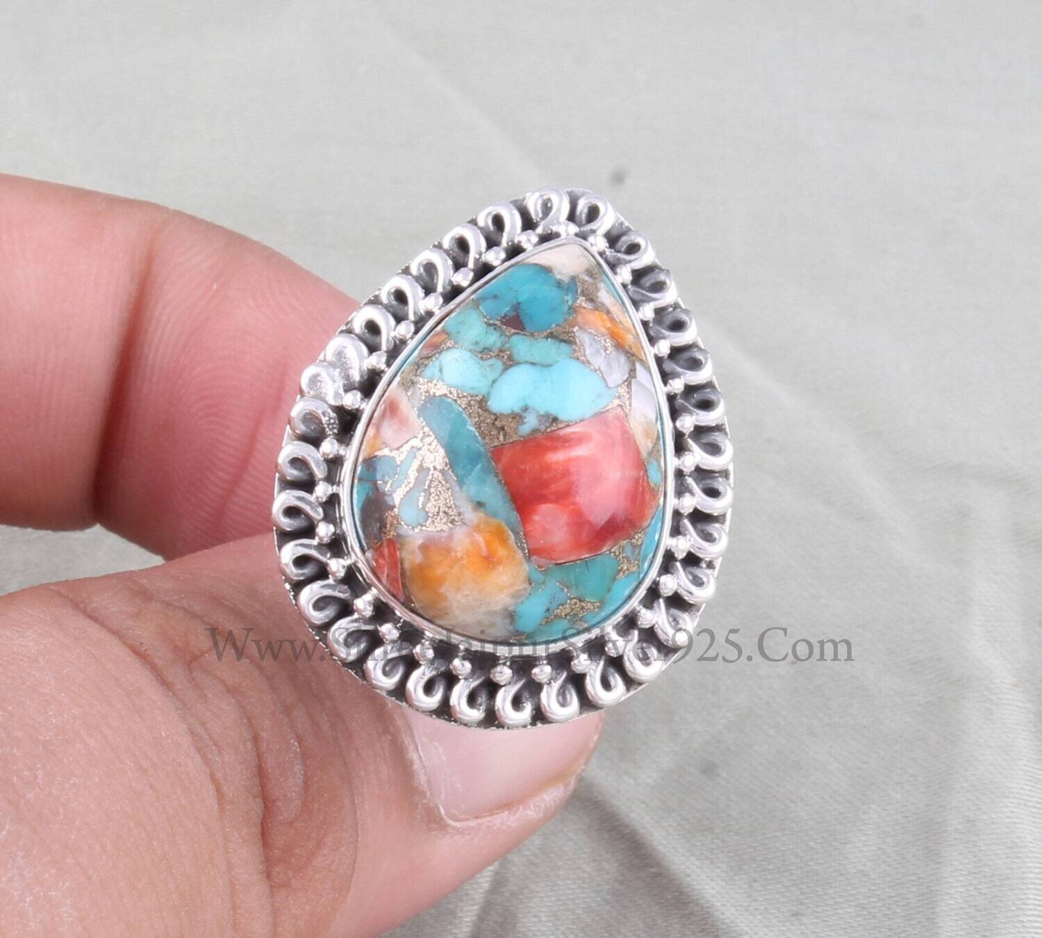 Spiral Design Mix Oyster Pear Shape Gemstone Ring For Her, Oyster Copper Turquoise Solid 925 Sterling Gemstone Silver Ring For Women Jewelry