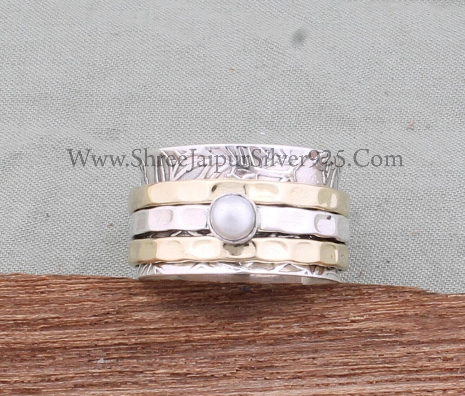 Natural Pearl Solid 925 Sterling Silver Spinner Ring For Women, Handmade Hammered Engraved Band Two Tone Fidget Anxiety Ring Gifts For Her