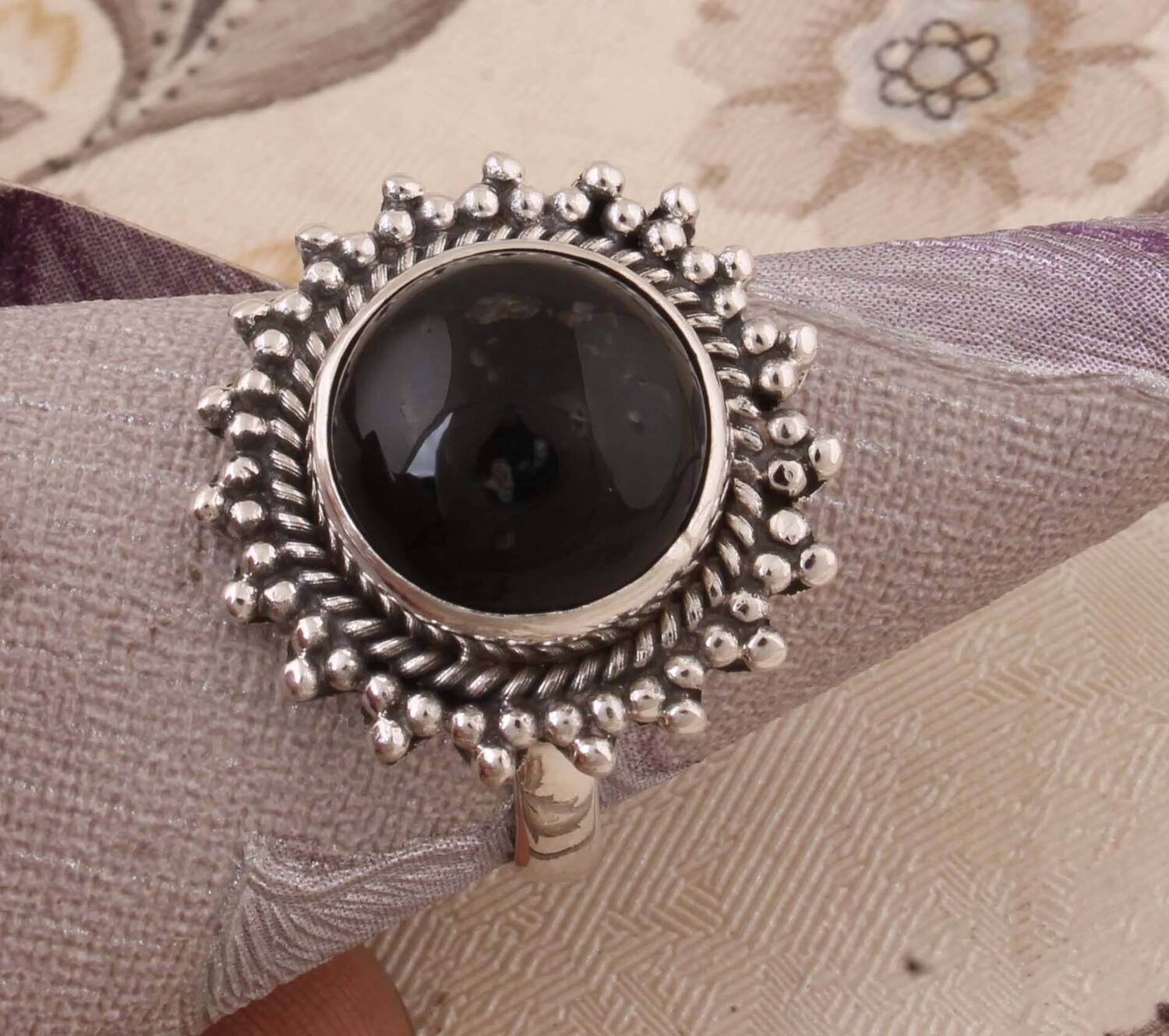 Real Black Onyx AAA+Quality Gemstone Ring,Engagement Ring 925-Antique Silver Ring,Round Stone Ring,Sterling Silver Ring,Index Finger Ring