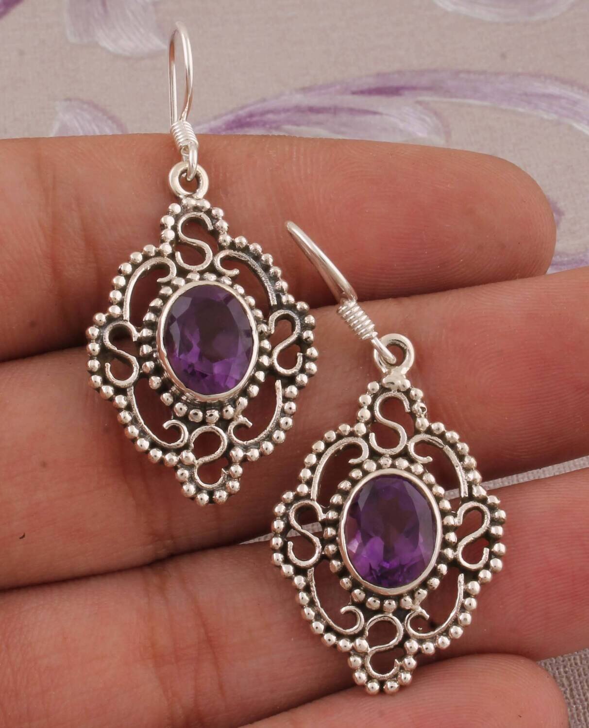 Natural Amethyst Top Quality Gemstone Earring 925-Sterling Silver Earring,Antique Silver Earring,Wedding Beautiful Earring Gift For Her