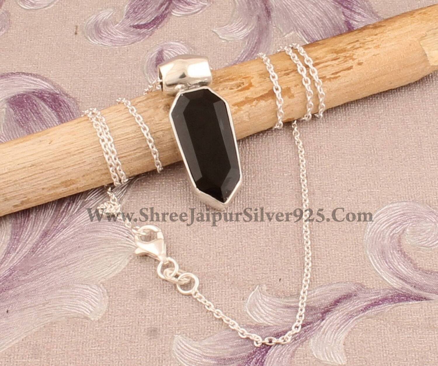 Faceted Natural Black Onyx Lucifer   Pendant Necklace, Handmade 925 Sterling Silver Pendant Necklace, Gift Jewelry, Etsy Cyber 2021