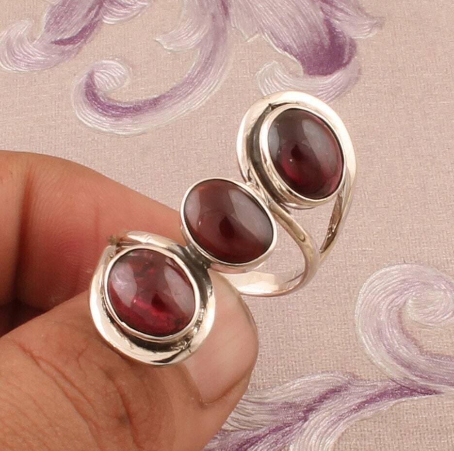 Natural Red Garnet Fancy Ring, 925 Sterling Silver Three Stone Oval Shape Gemstone Ring, Designer Double Layer Ring, Handcrafted Ring