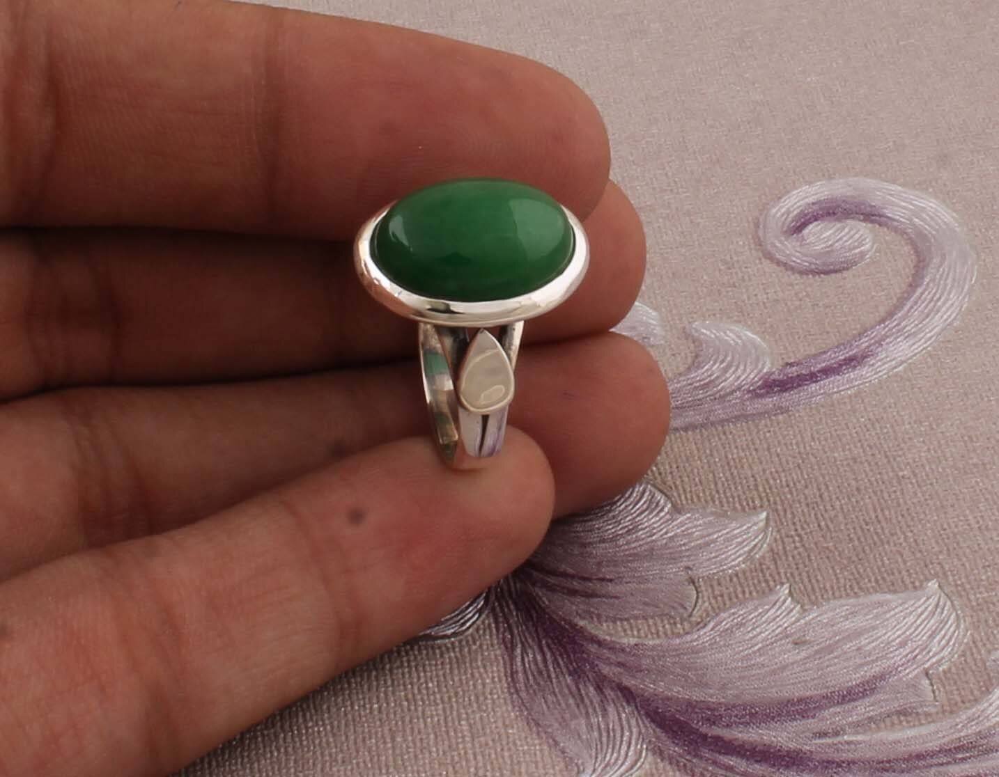 Green Jade Cabochon Oval Shape Gemstone Ring, 925 Sterling Silver Ring Leaf Ring, Engagement Ring, Handcrafted Gemstone Ring, Gift Idea