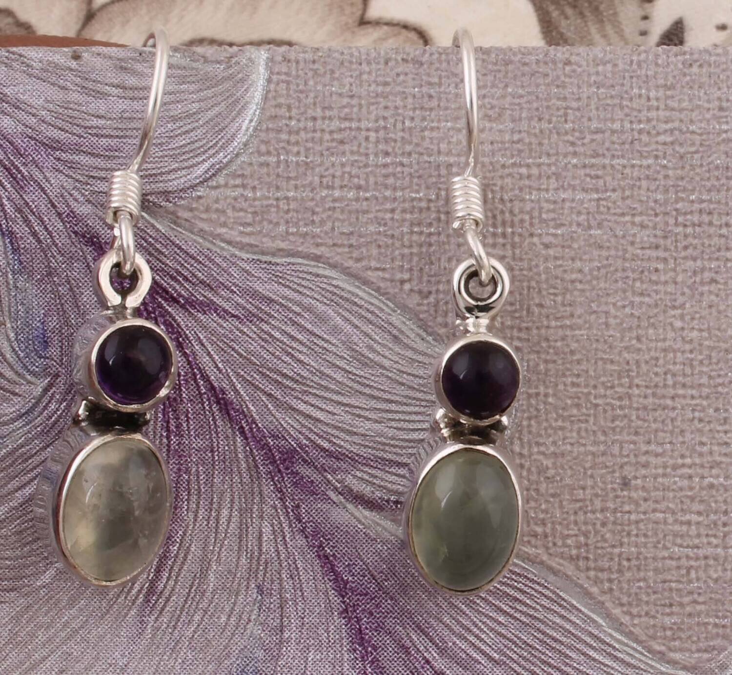 Natural Amathyst+Prehnite Gemstone Earring 925-Sterling Solid Silver Earring,Leaf Earring,Antique Silver Earring,Wedding Combo Earring