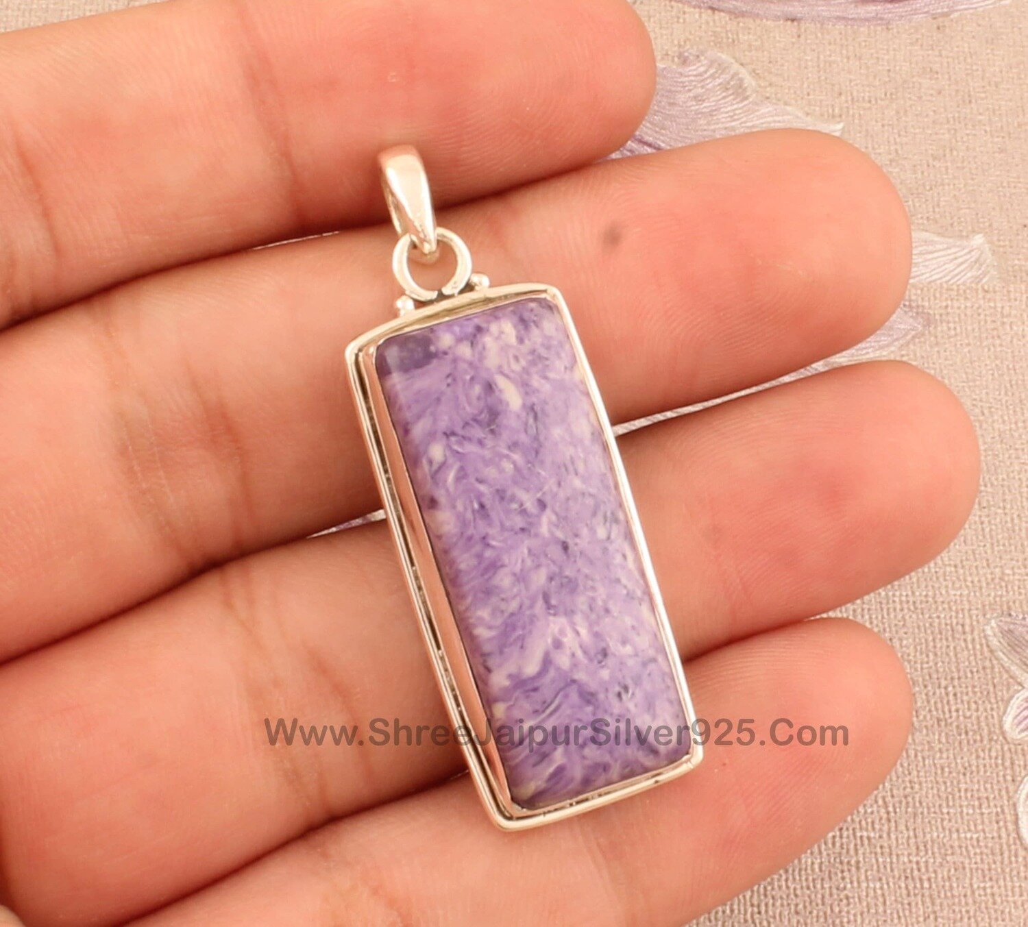 Charoite  Gemstone Silver Necklace Pendant,925 Sterling Silver Charoite Rectangle Shape Pendant, Jewelry For Wedding Anniversary Gift Idea