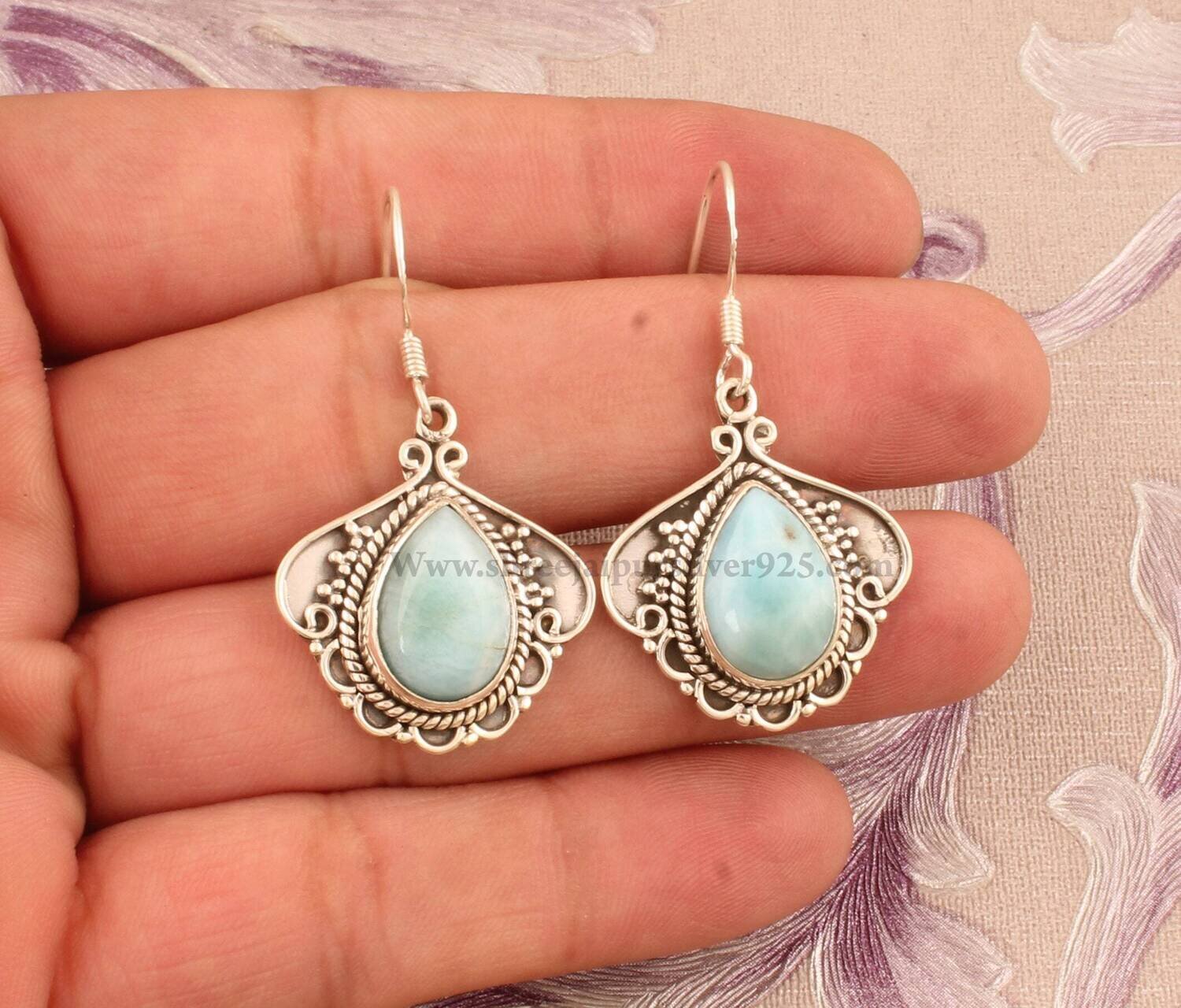 Natural Larimar Pear Solid 925 Sterling Silver Earrings For Women Handmade Engraved Indian Design Earrings For Wedding Anniversary Gift Idea