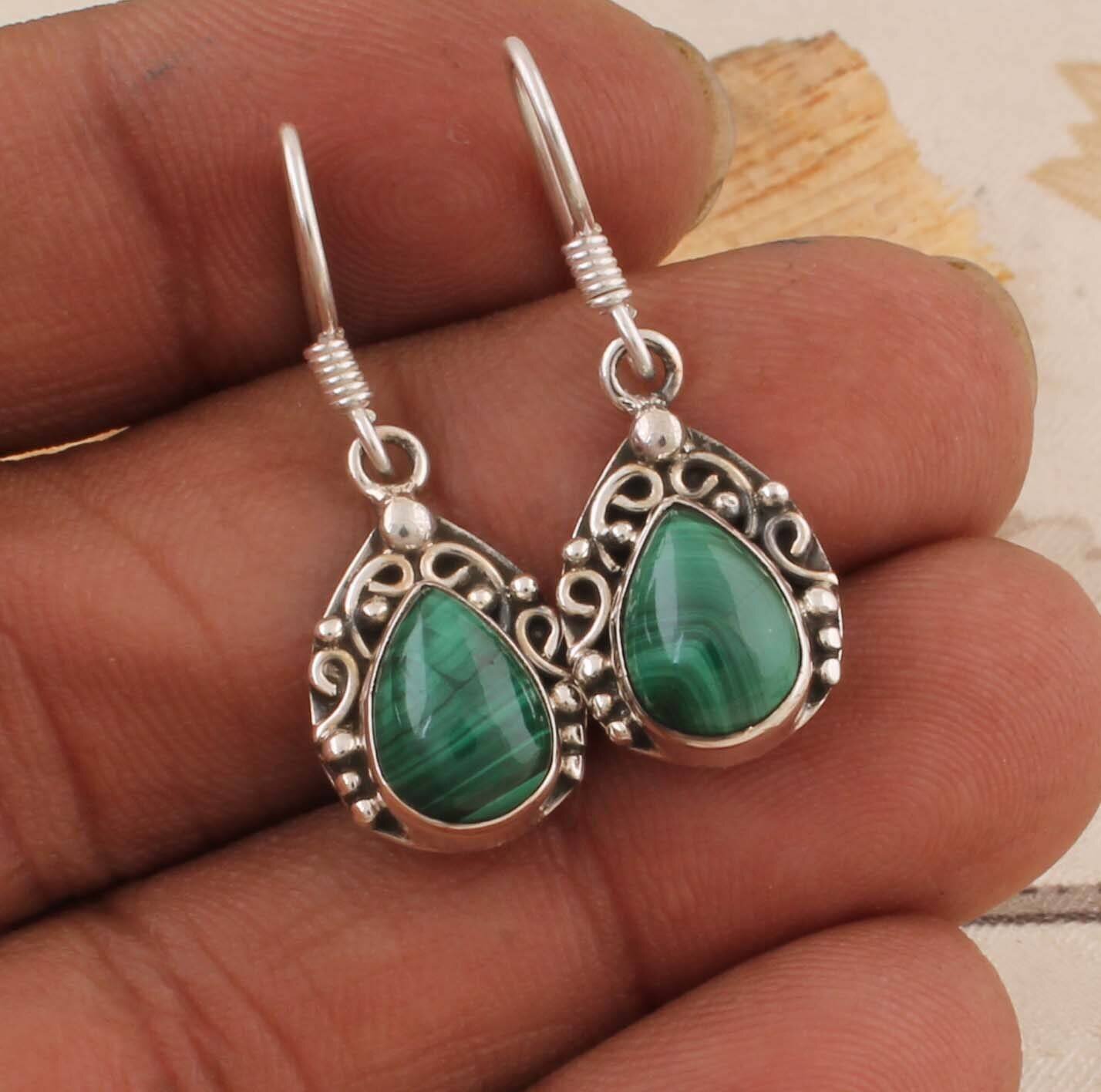 Natural Beautiful Malachite Top Quality Gemstone Earring 925-Sterling Silver Earring,Wedding Earring,Antique Silver Earring Gift Earring