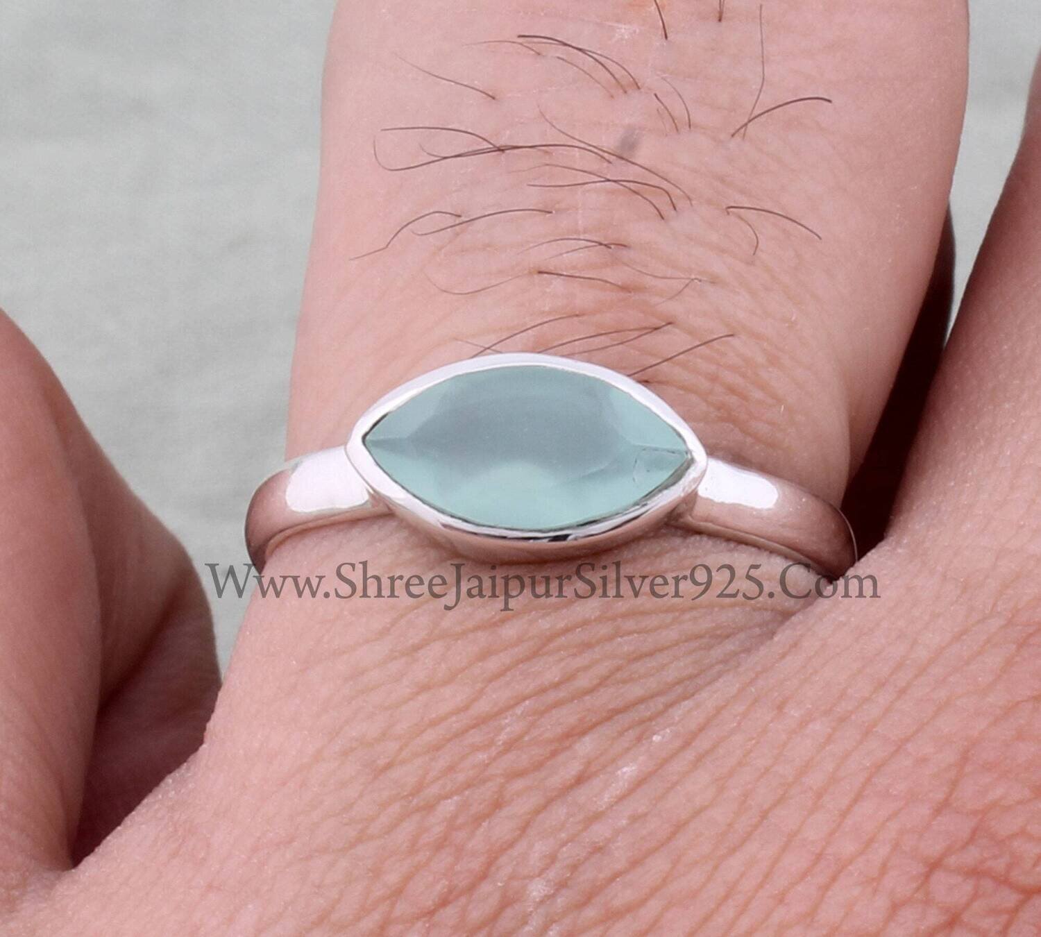 Aqua Chalcedony Solid 925 Sterling Silver Ring For Women, Handmade Silver Marquise Cut Stone Ring Gifts For Her Bridal Wedding Anniversary