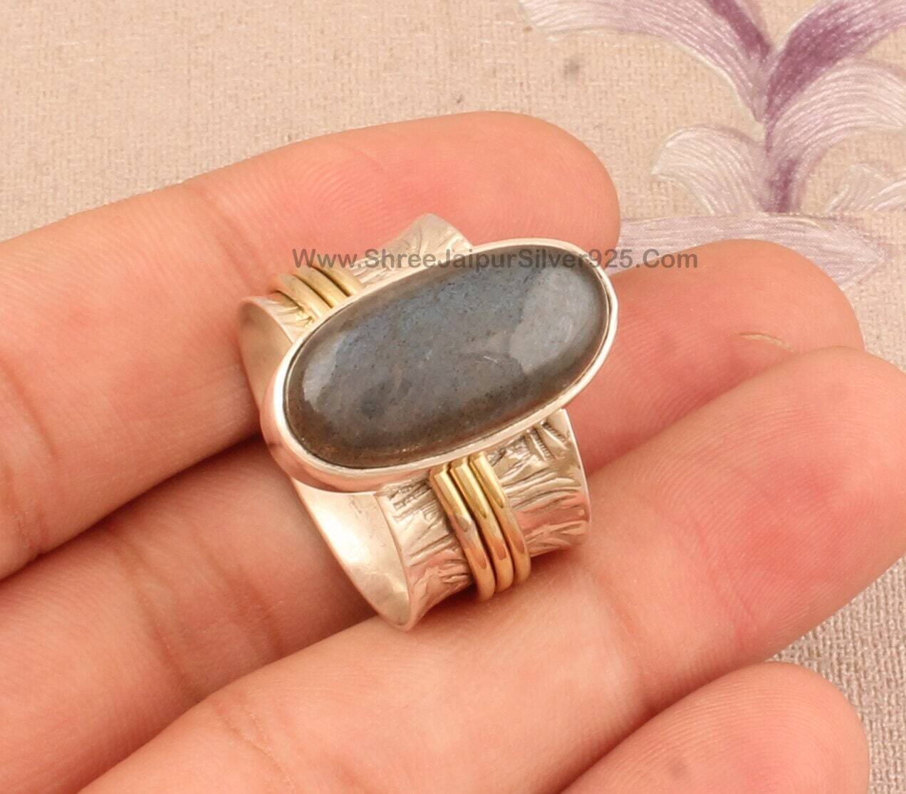 Natural Labradorite Oval Gemstone Spinner Ring, Solid 925 Sterling & Brass Silver Ring, Handmade Two Tone Meditation Ring, Women Worry Ring