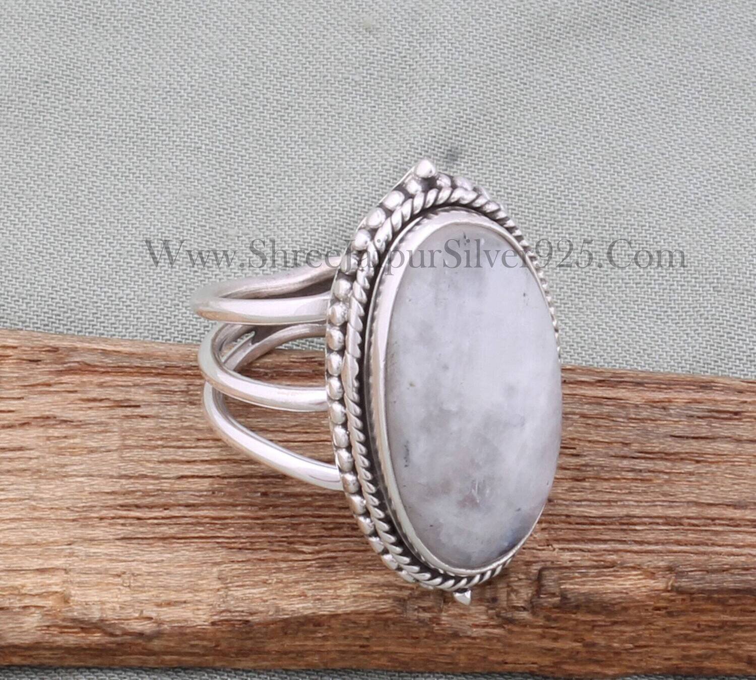 Big Stone Ring, 925 Sterling Silver Rainbow Moonstone Oval Shape Gemstone Ring, Handmade Three Layer Silver Gemstone Band Ring, Gift For Her