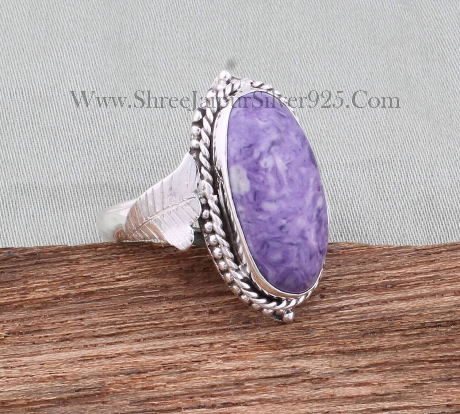 Charoite Gemstone Solid 925 Sterling Silver Ring For Women, Handmade Engraved Leaves Oval Stone Ring For Wedding Anniversary Gift For Her