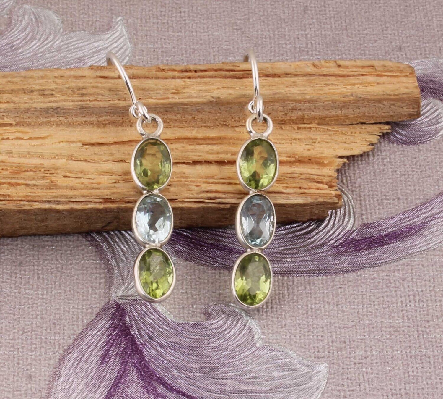 Silver Gemstone's Earring Peridot+Blue Topaz Gemstone Earring 925-Sterling Silver Earring Big Size Earring One-Of-Kind ItemCyber2021