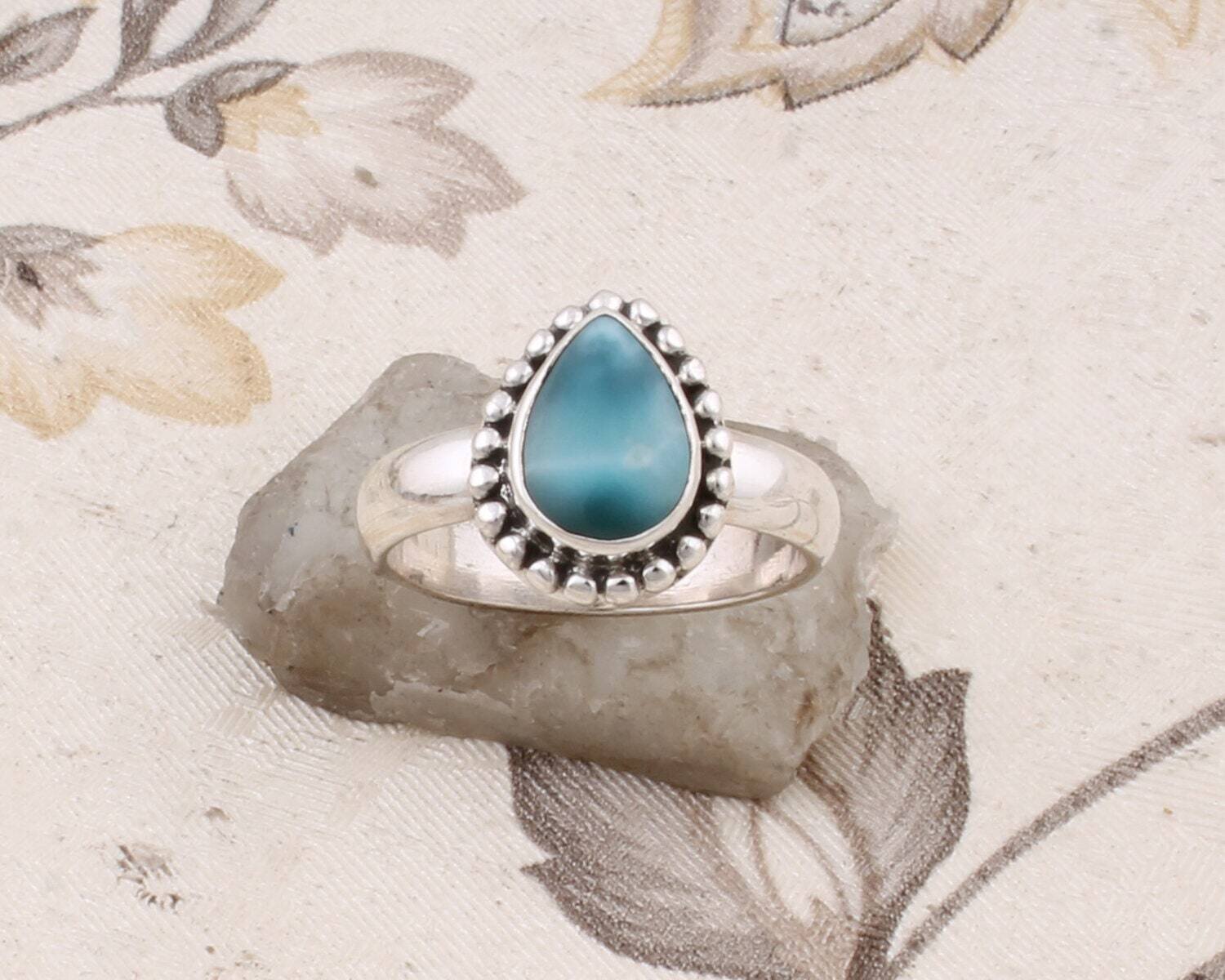 Handcrafted Ring With Natural Larimar Gemstone Ring Cabochon Stone Boho Ring Solid 925- Sterling Silver Ring,Girls Middle Finger Ring