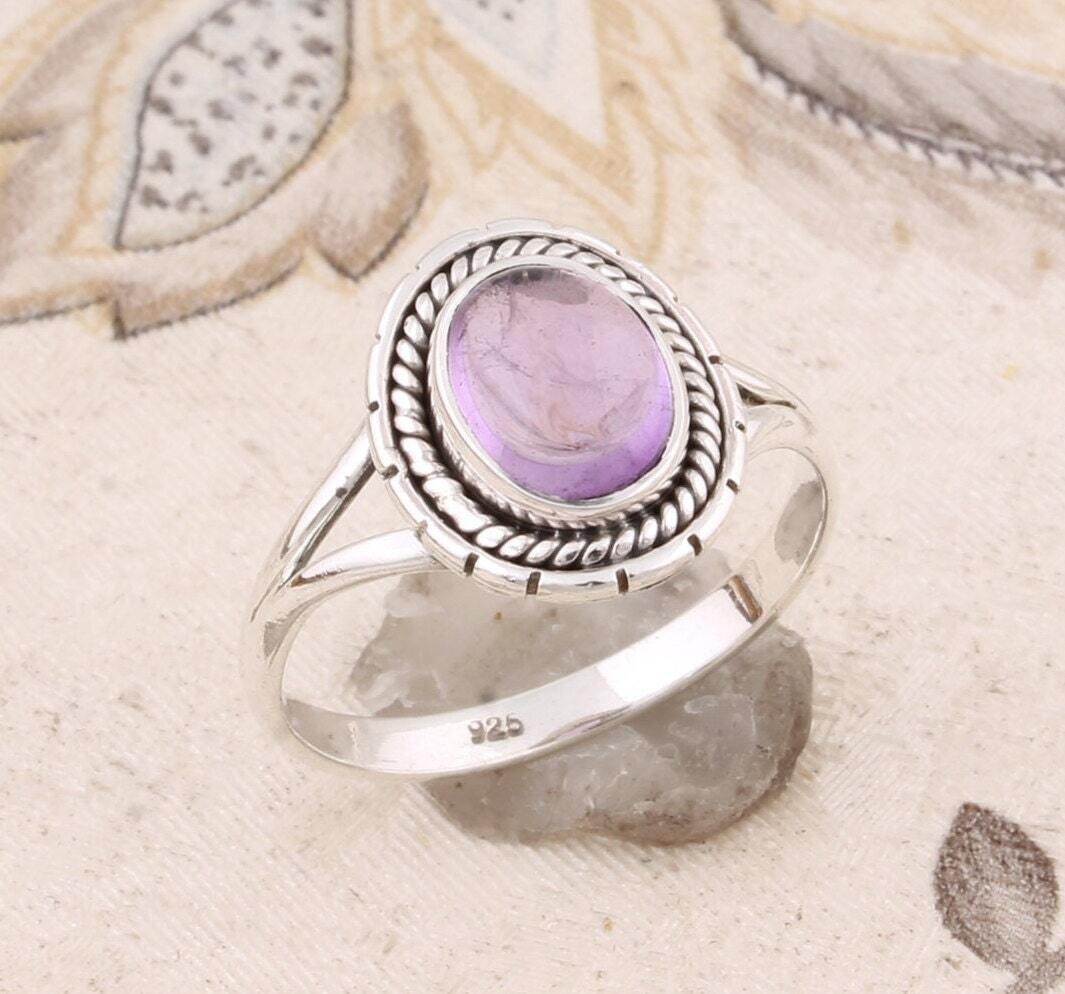 Ring Finger Ring With Natural Amethyst Gemstone Handcrafted Ring Cabochon Stone Charm Ring 925-Sterling Solid Silver Ring Gift For You !