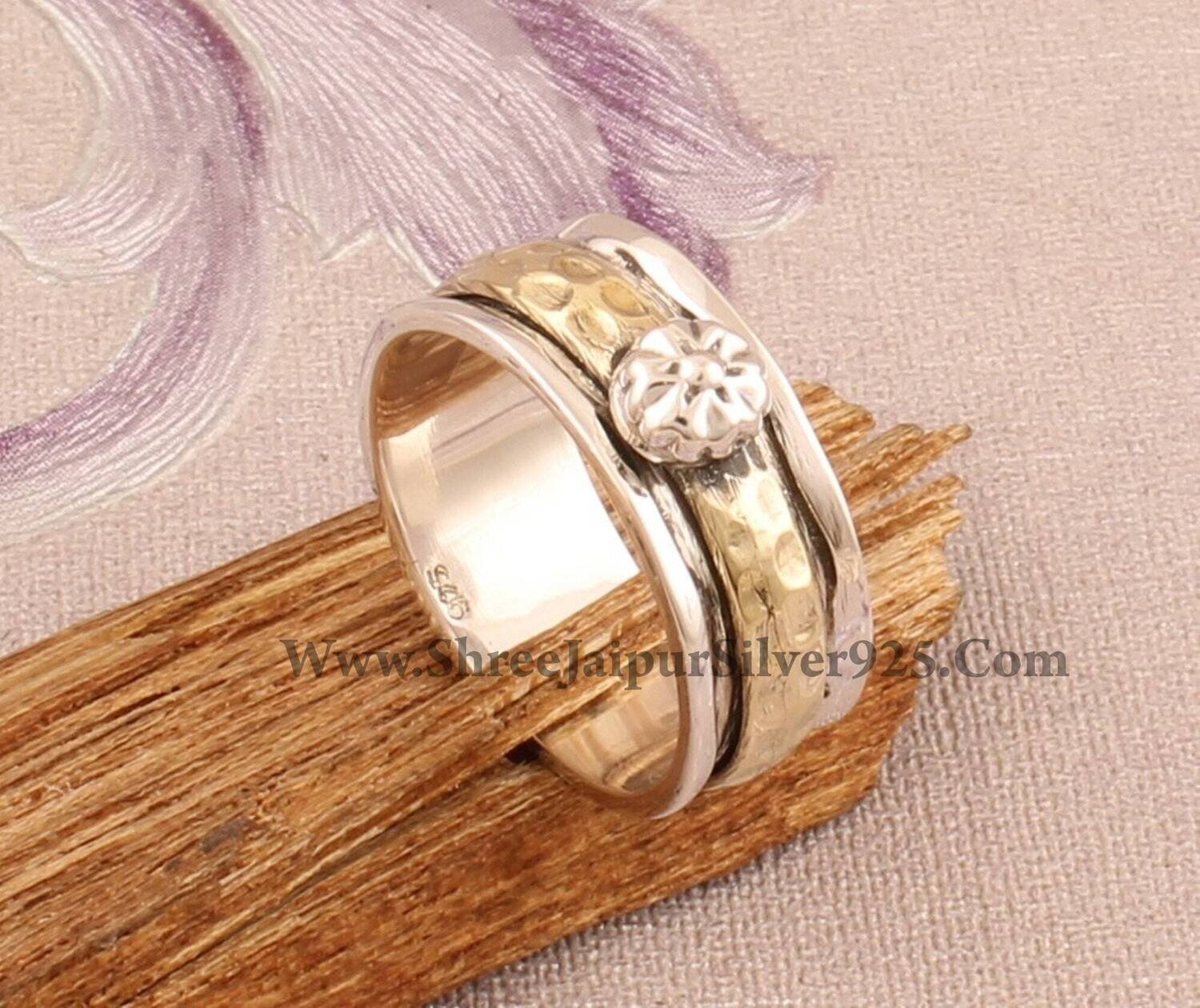 Silver Floral Handmade Hammered Two Tone Spinner Rings, 925 Sterling Silver &amp; Brass Boho Meditation Rings, Valentine's Day Jewelry For Women