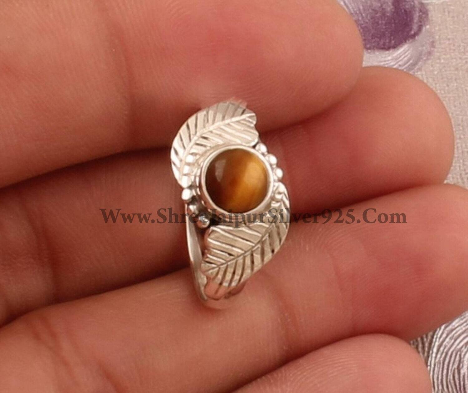 Round Tiger Eye Silver Carved Leaves Ring, 925 Sterling Silver Designer Handmade Ring For Women Wedding Jewelry, Valentine's Day Gift Idea