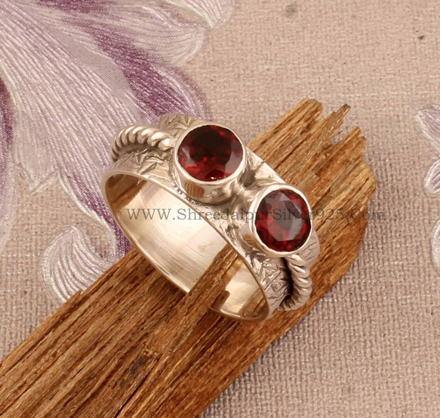 Natural Garnet Round Cut Solid 925 Sterling Silver Ring For Women, Handmade Silver Engraved Band Ring For Wedding Anniversary Gift For Her