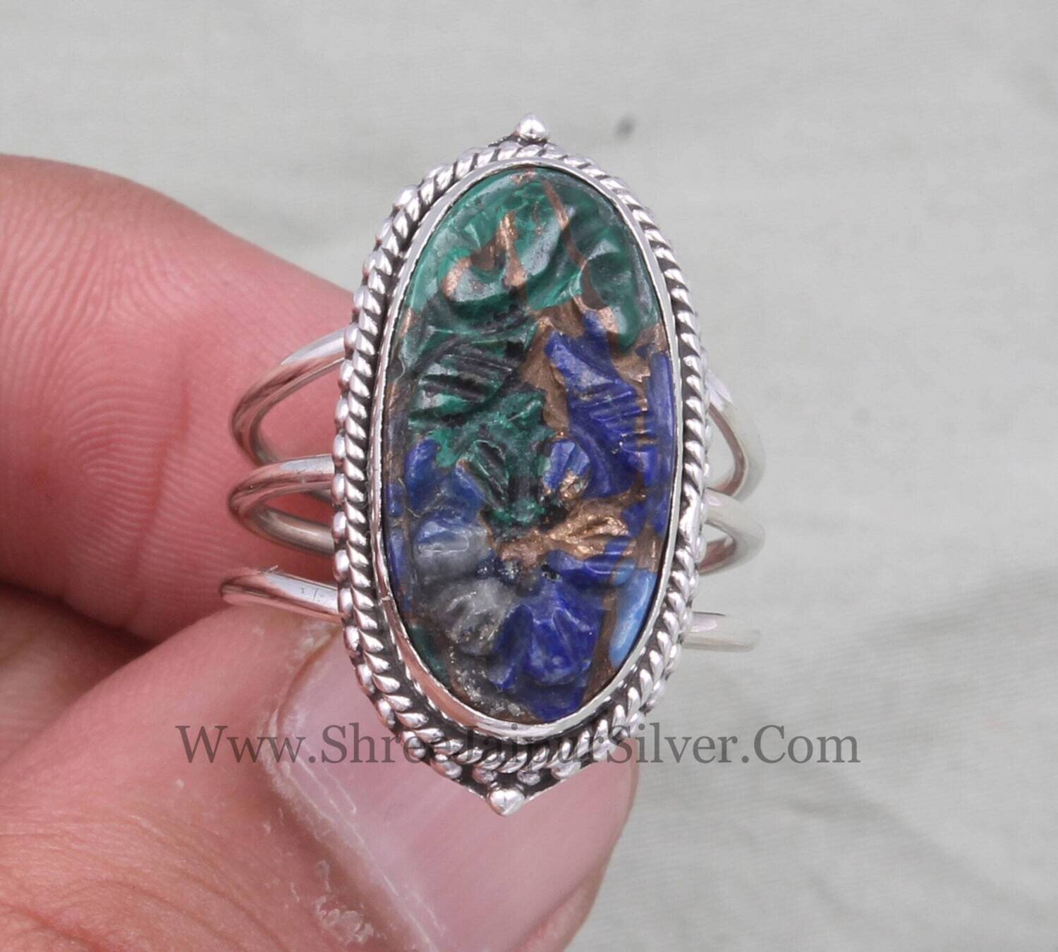 Lapis Lazuli &amp; Malachite Copper Gemstone Hand Engraved Solid 925 Sterling Silver Ring For Women, Carved Oval Ring Gifts Idea For Anniversary