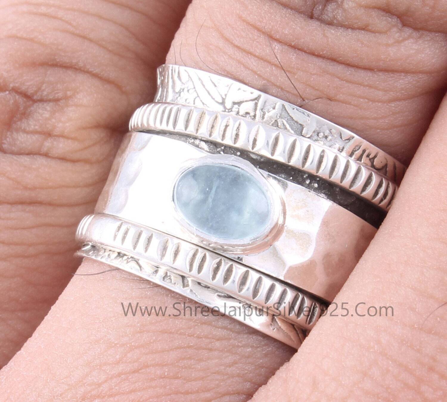 Natural Aquamarine Band Solid 925 Sterling Silver Spinner Ring For Women, Handmade Hammered Band Anxiety Fidget Ring Gifts For Anniversary