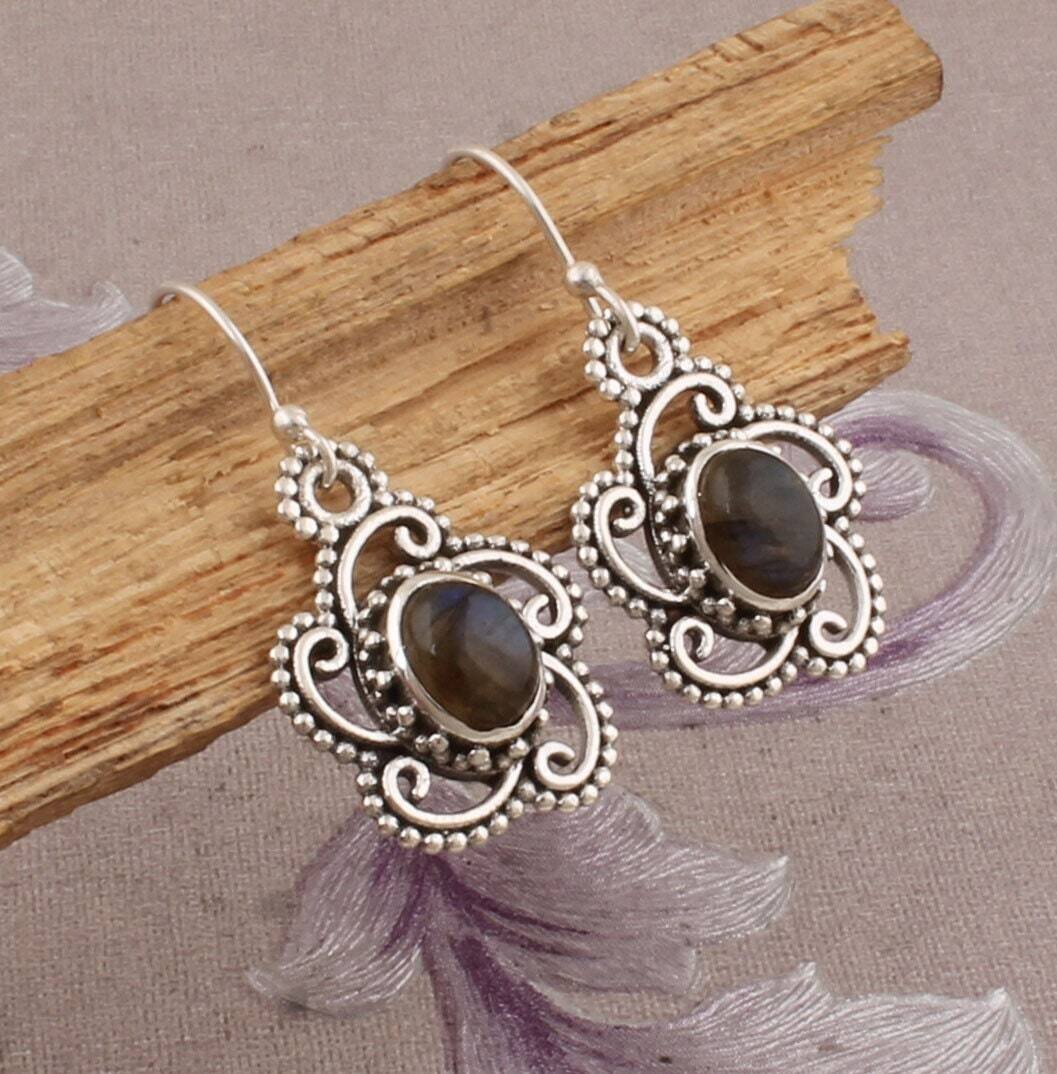 Labradorite  Earrings, 925-Sterling Silver Dangle Earrings, Oval AAA+Quality Gemstone Earring, Adorable, Rustic, Antique Silver Earring