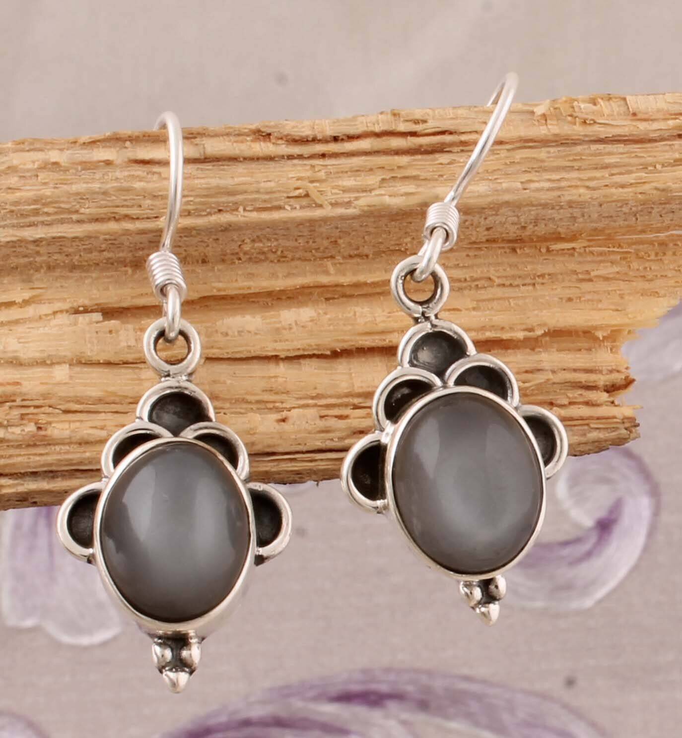 Gray Moonstone Top Quality Gemstone Earring, 925-Sterling Silver Earring, Wedding Earring, Antique Silver Earring, Anniversary Gift Earring
