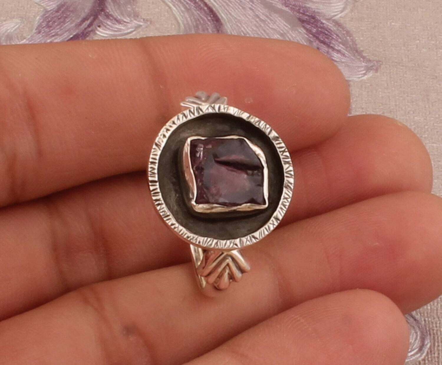 925 Sterling Silver Raw Natural Amethyst Gemstone Ring, Designer Handmade Oxidized Silver Coin Ring, Valentines Day Jewelry