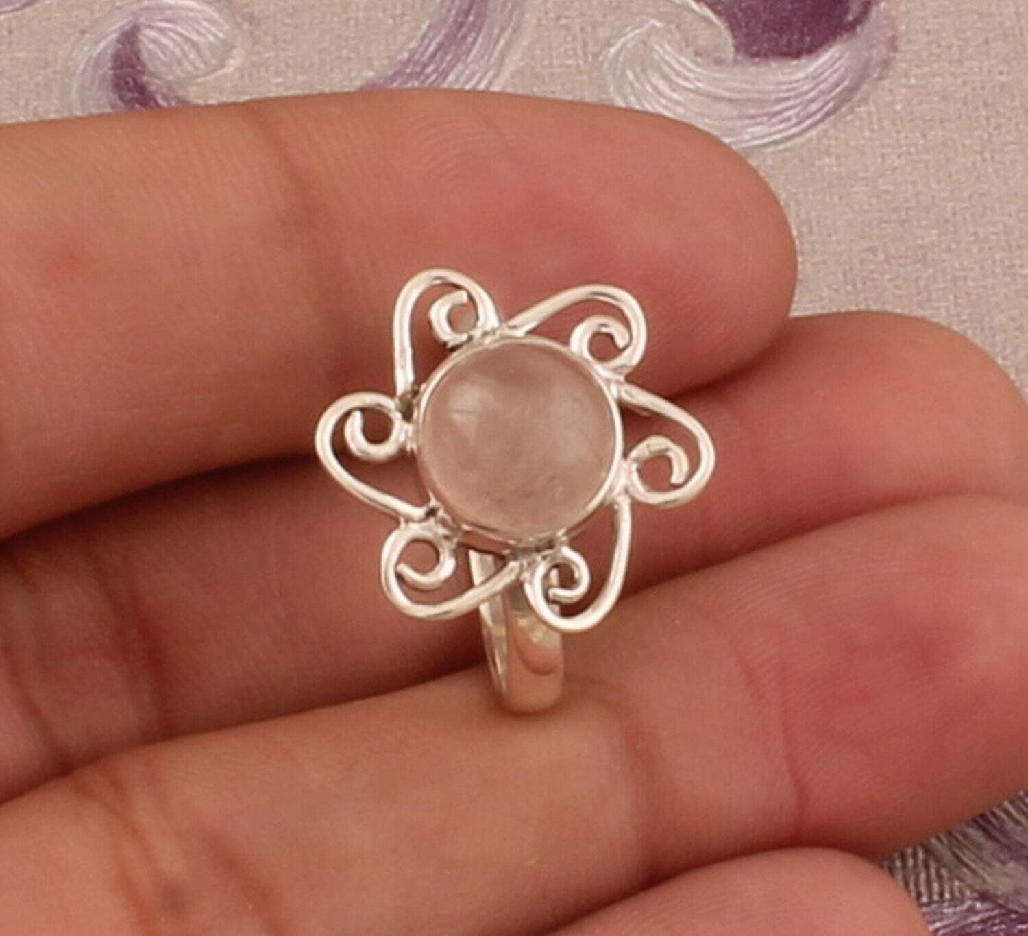 925 Sterling Silver Natural Rose Quartz Round Gemstone Ring, Designer Flower Handmade Gemstone Silver Ring, Women Jewelry, Wedding Gift Idea