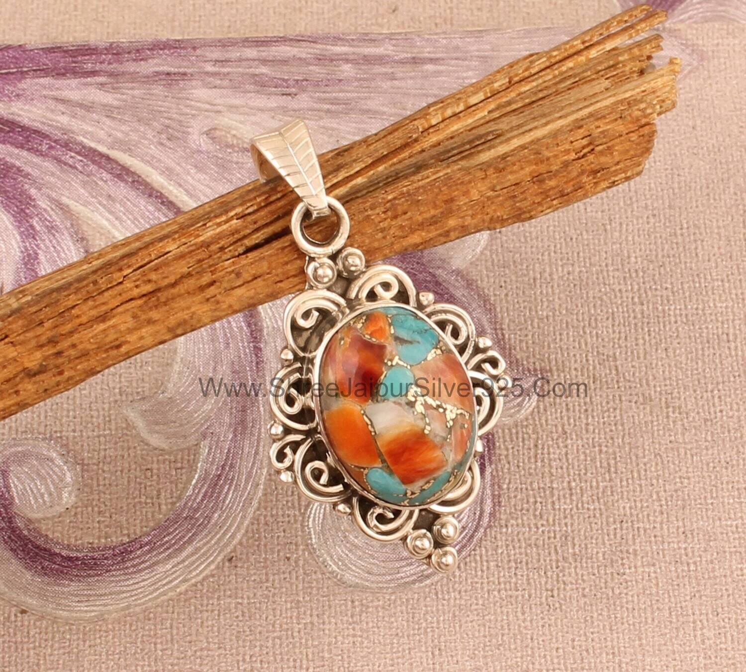 Oyster Copper Turquoise Solid 925 Sterling Silver Necklace Pendant For Women, Handmade Oval Stone Pendant For Wedding Anniversary Gift Idea