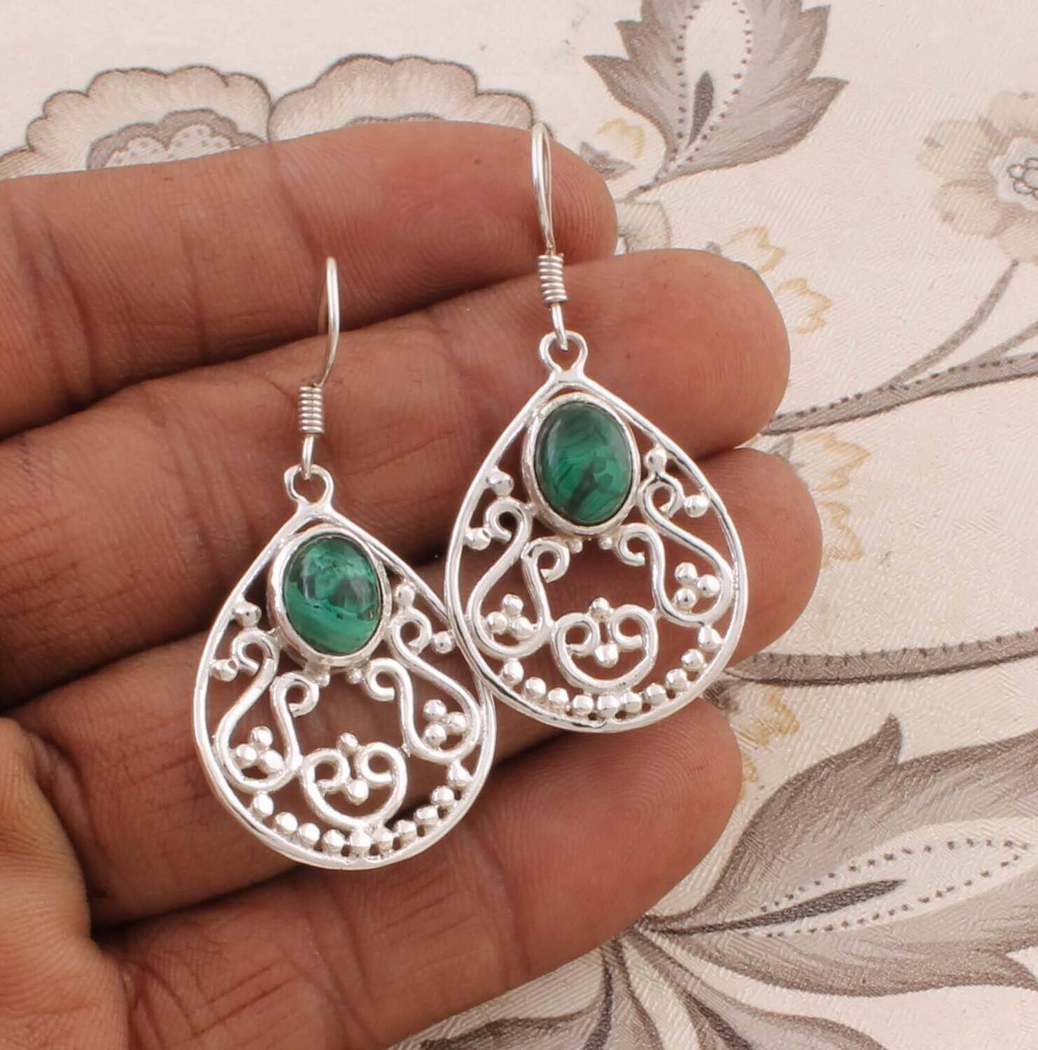 Natural Malachite AAA+Quality Gemstone Earring,Teardrop Earring 925-Antique Silver Earring,Sterling Silver Earring Anniversary Gift Earring