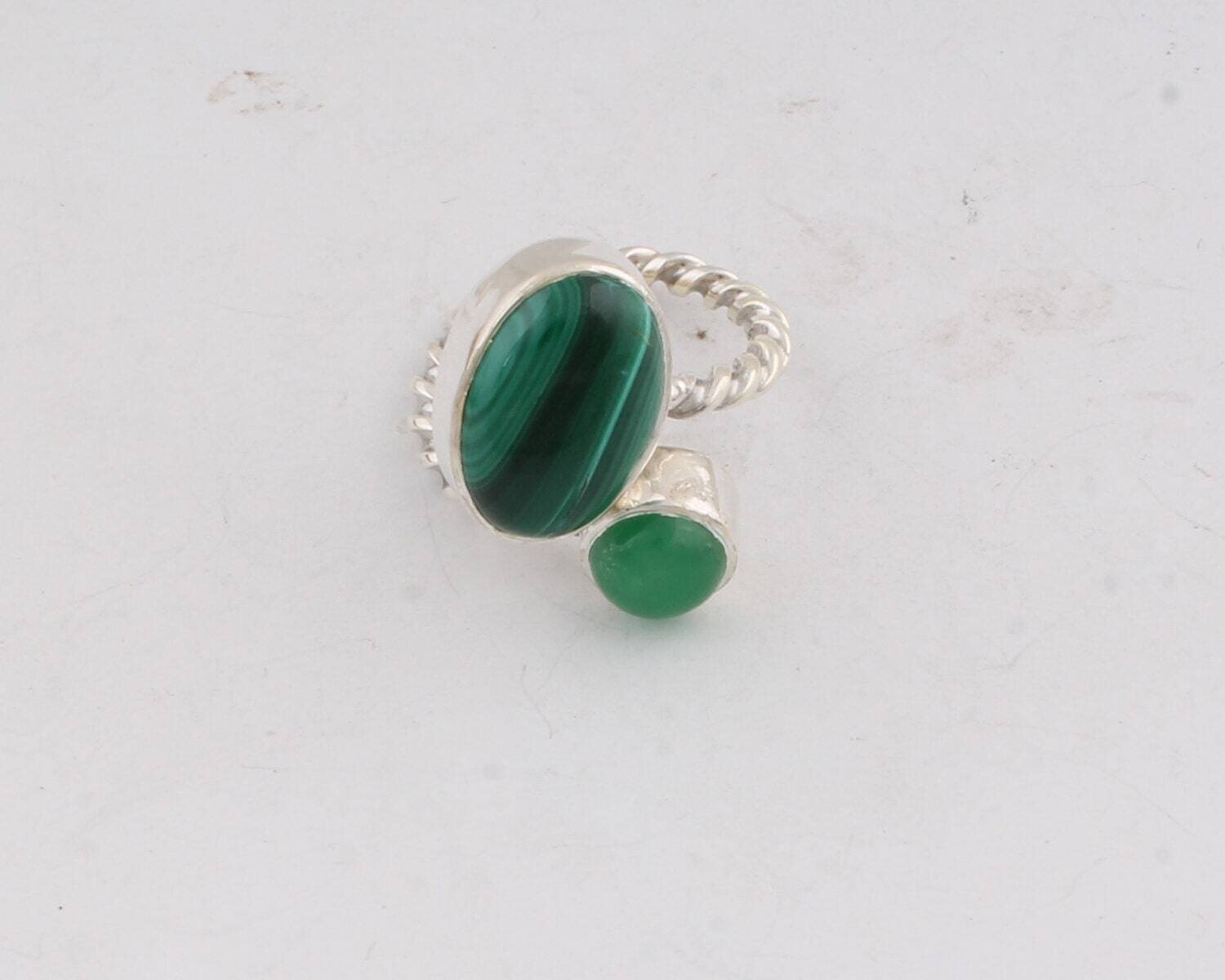 Double Gemstone Ring 925-Silver Sterling Ring Handcraft Ring Combo Ring Oval And Round Shape Ring Malachite &amp;Peridot Gemstone RingCyber2021