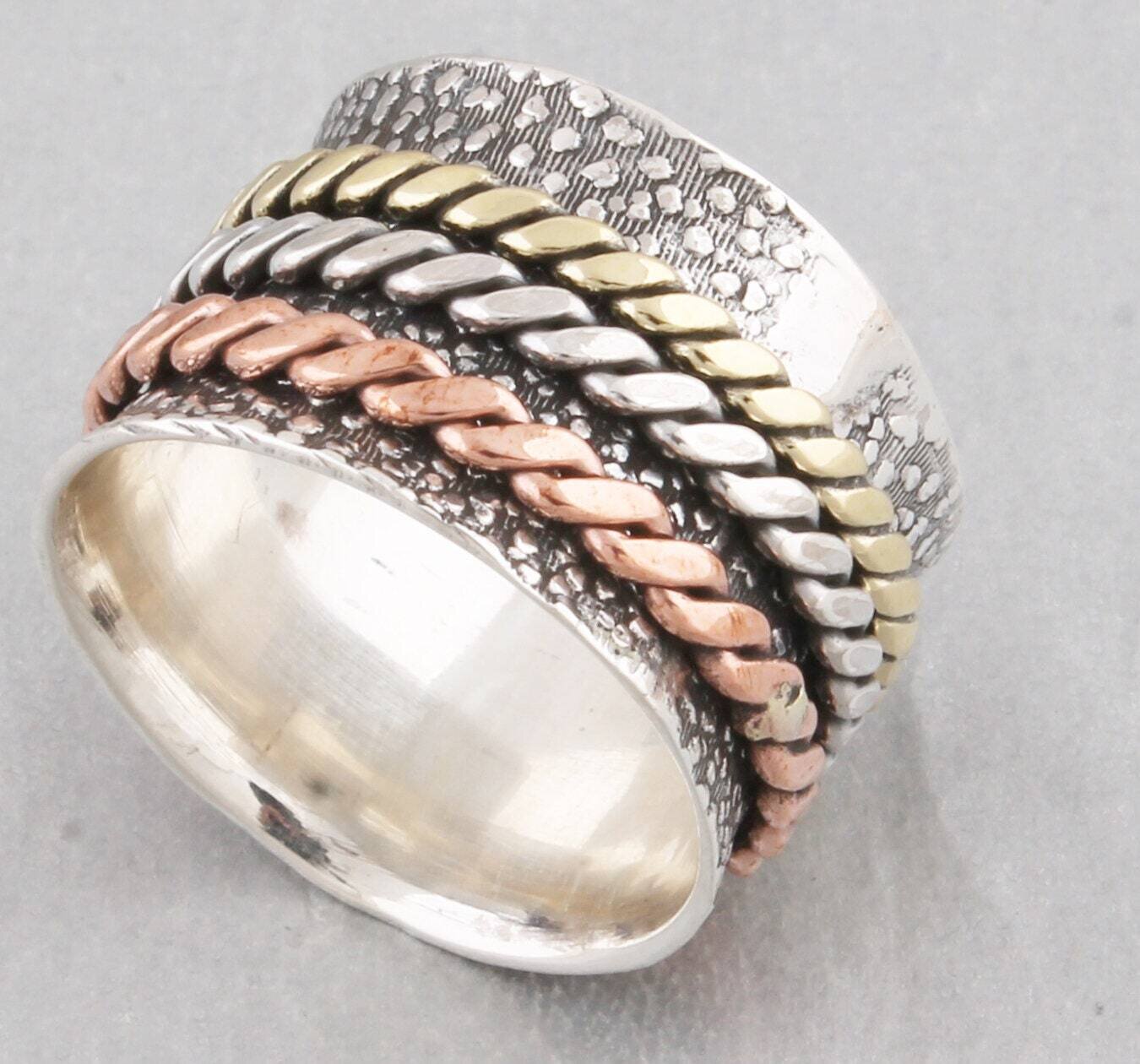 Three Tone 925 Sterling Silver &amp; Brass Meditation Spinner Ring, Handmade Jewelry Gift For Friend, Anniversary Gift For Her, Christmas Gifts