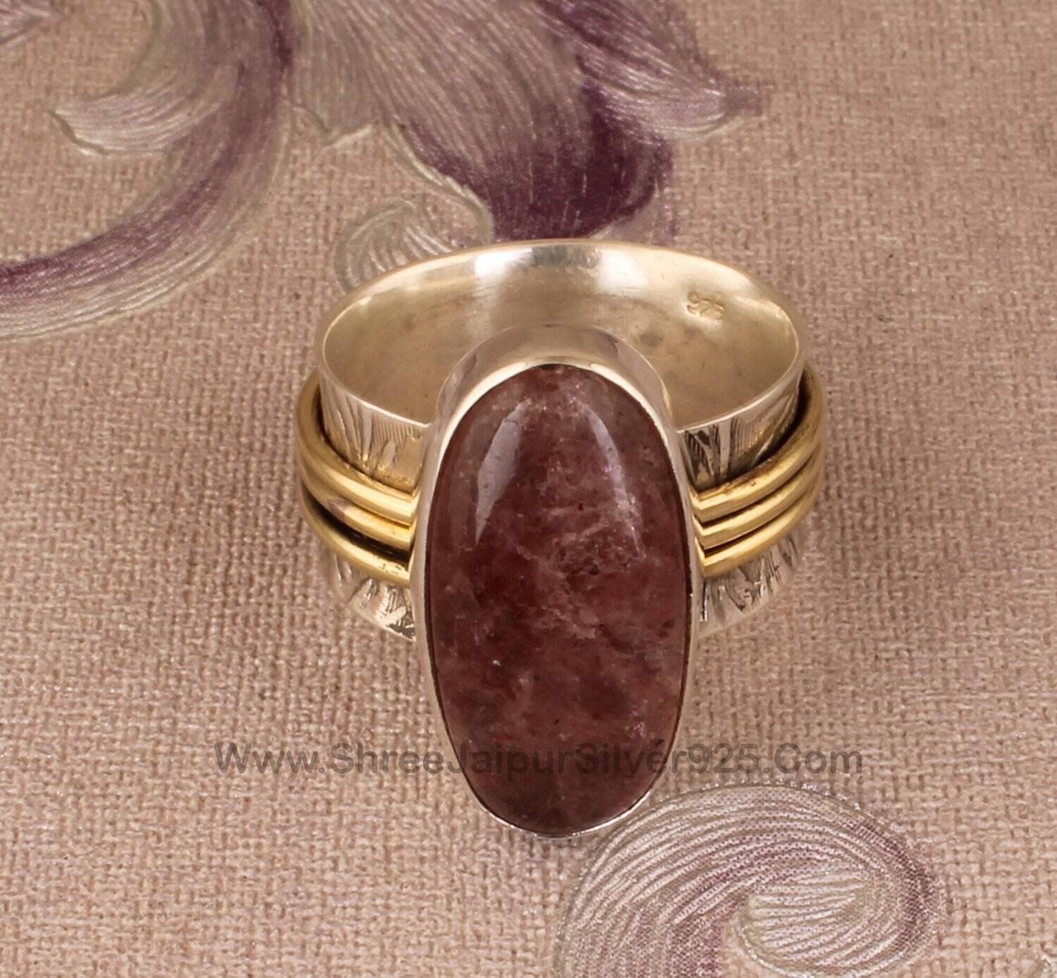 Natural Cherry Quartz Engraved Band Solid 925 Sterling Silver Spinner Ring For Women, Handmade Textured Band Ring, Silver Worry Anxiety Ring
