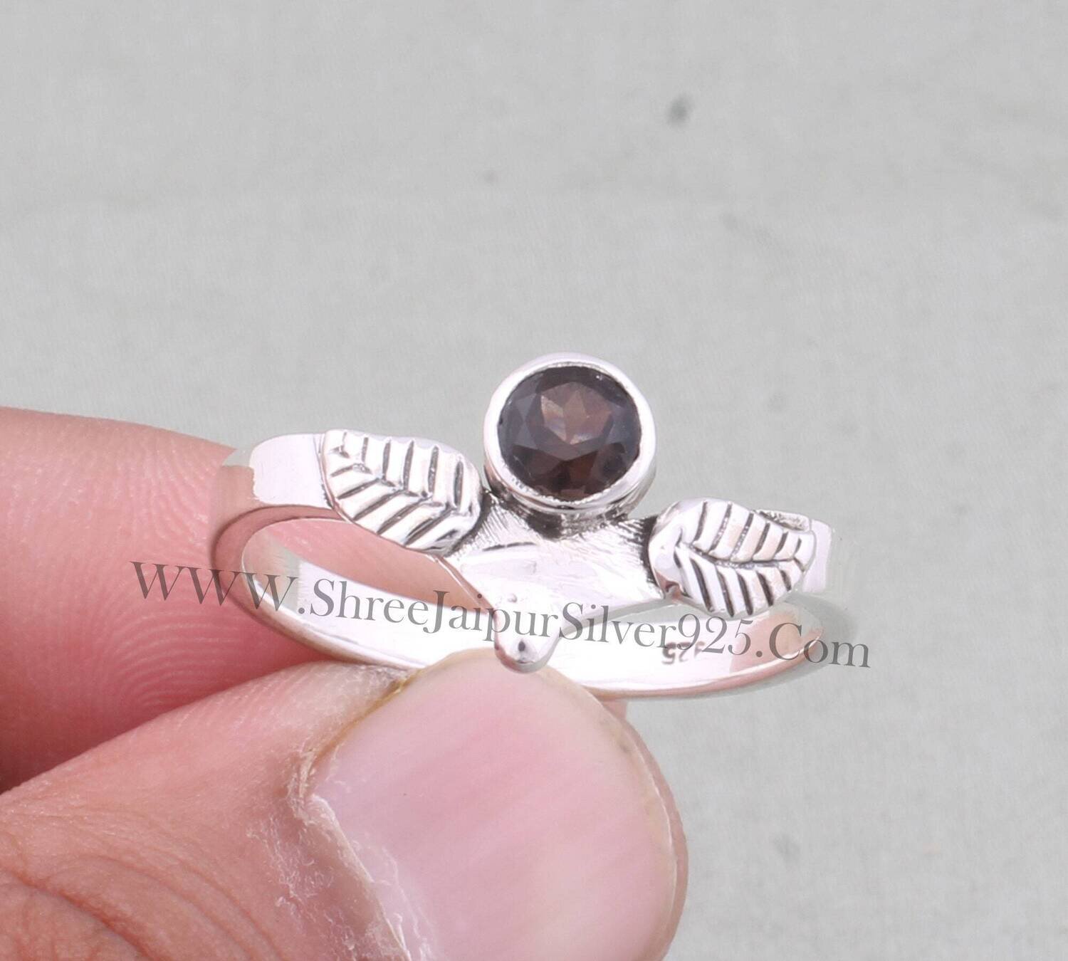 Smoky Topaz Round Cut Gemstone Ring, 925 Sterling Silver Gemstone Ring, Hand Carved Leaves Ring, Engagement Ring, Gift For WomenBirthstone