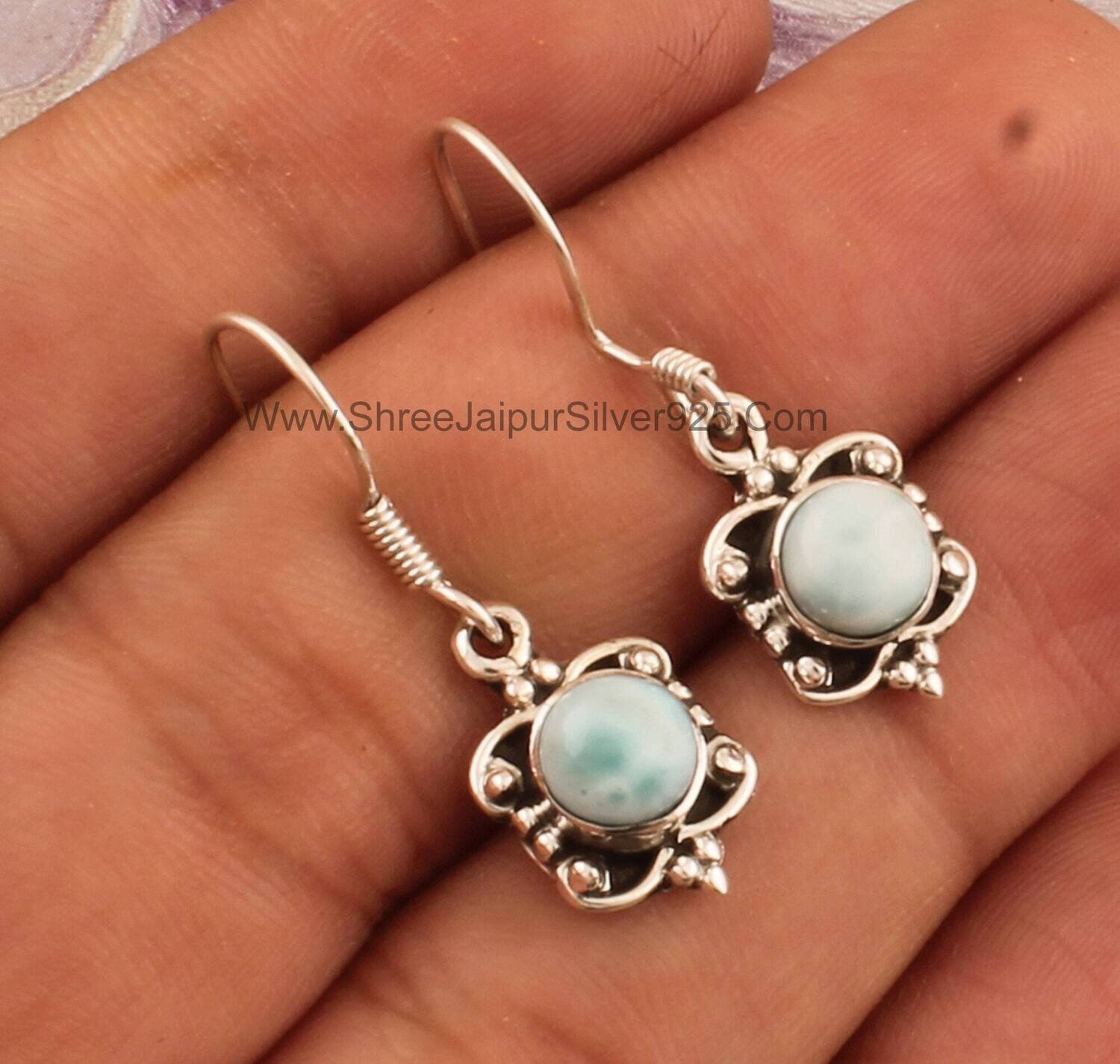 Natural Larimar Round Stone Solid 925 Sterling Silver Earrings For Women Handmade Designer Silver Earrings For Wedding Anniversary Gift Idea