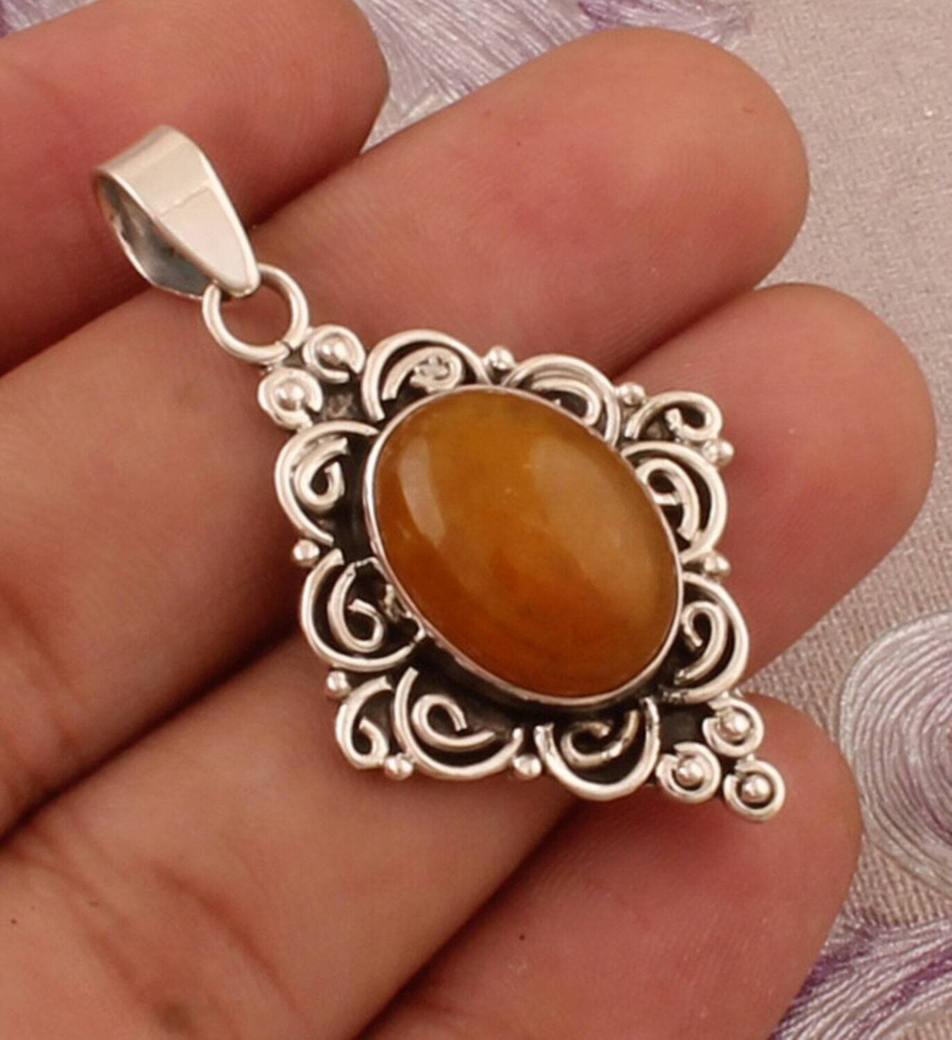 Yellow Jade Silver Pendant, 925 Sterling Silver Pendant, Designer Spiral Pendant, Oval Gemstone Pendant, Handcrafted Pendant, Christmas Gift