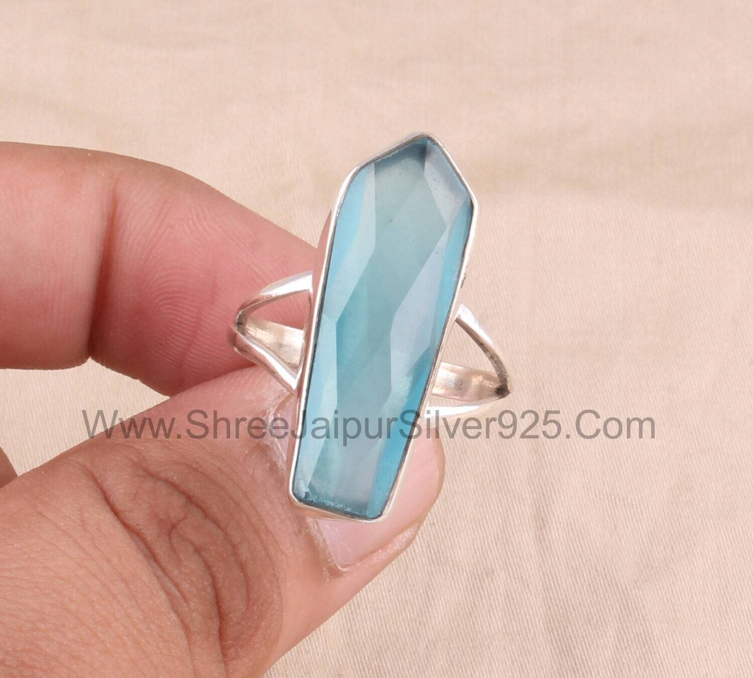 Aqua Chalcedony Solid 925 Sterling Silver Ring For Women, Handmade Faceted Fancy Stone Designer Band Ring For Wedding Anniversary Gift Idea