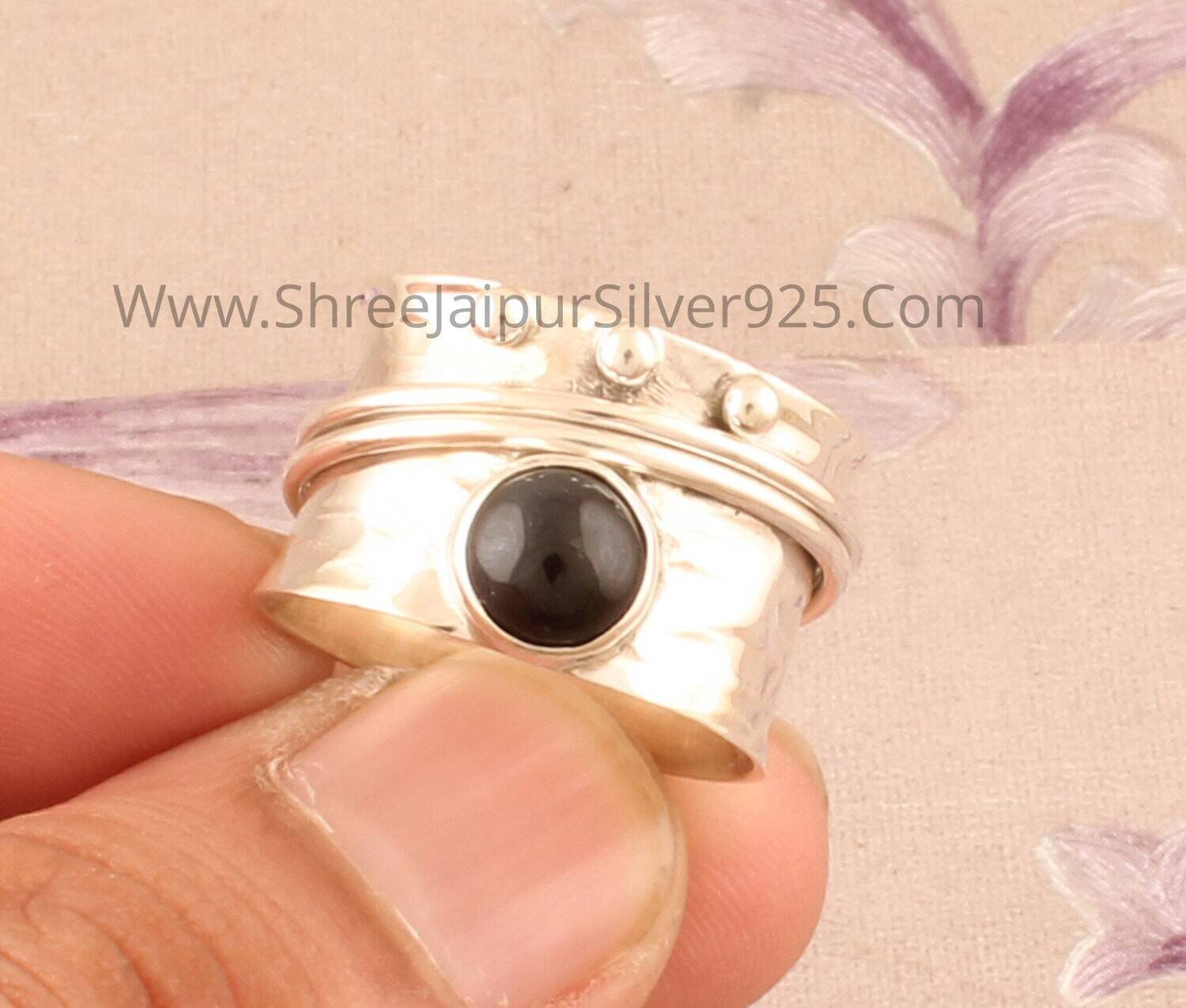 Black Onyx Hammered Silver Band Ring Solid 925 Sterling Silver Spinner Ring For Women, Handmade Round Stone Ring, Meditation Boho Jewelry