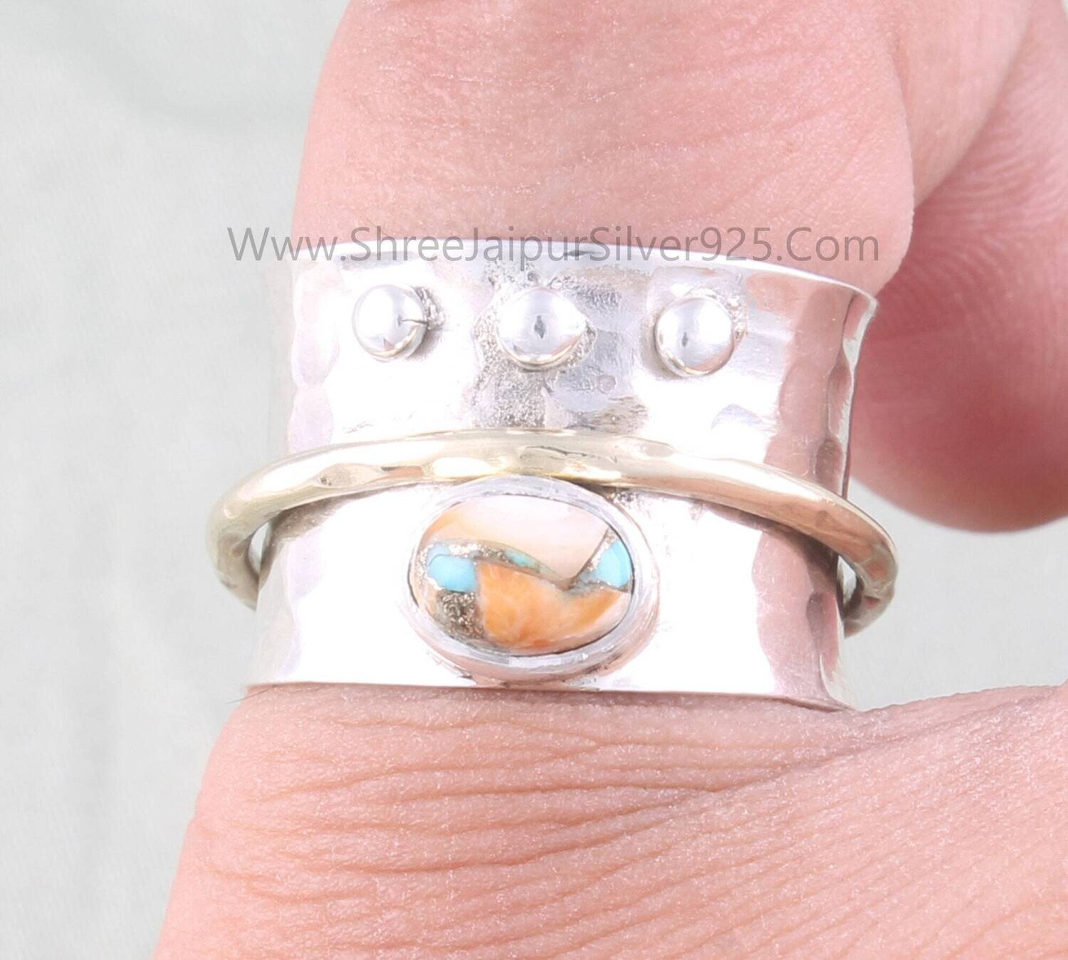 Oyster Copper Turquoise Solid 925 Sterling Silver Spinner Ring For Women, Handmade Hammered Band Two Tone Anxiety Fidget Ring Gifts For Her