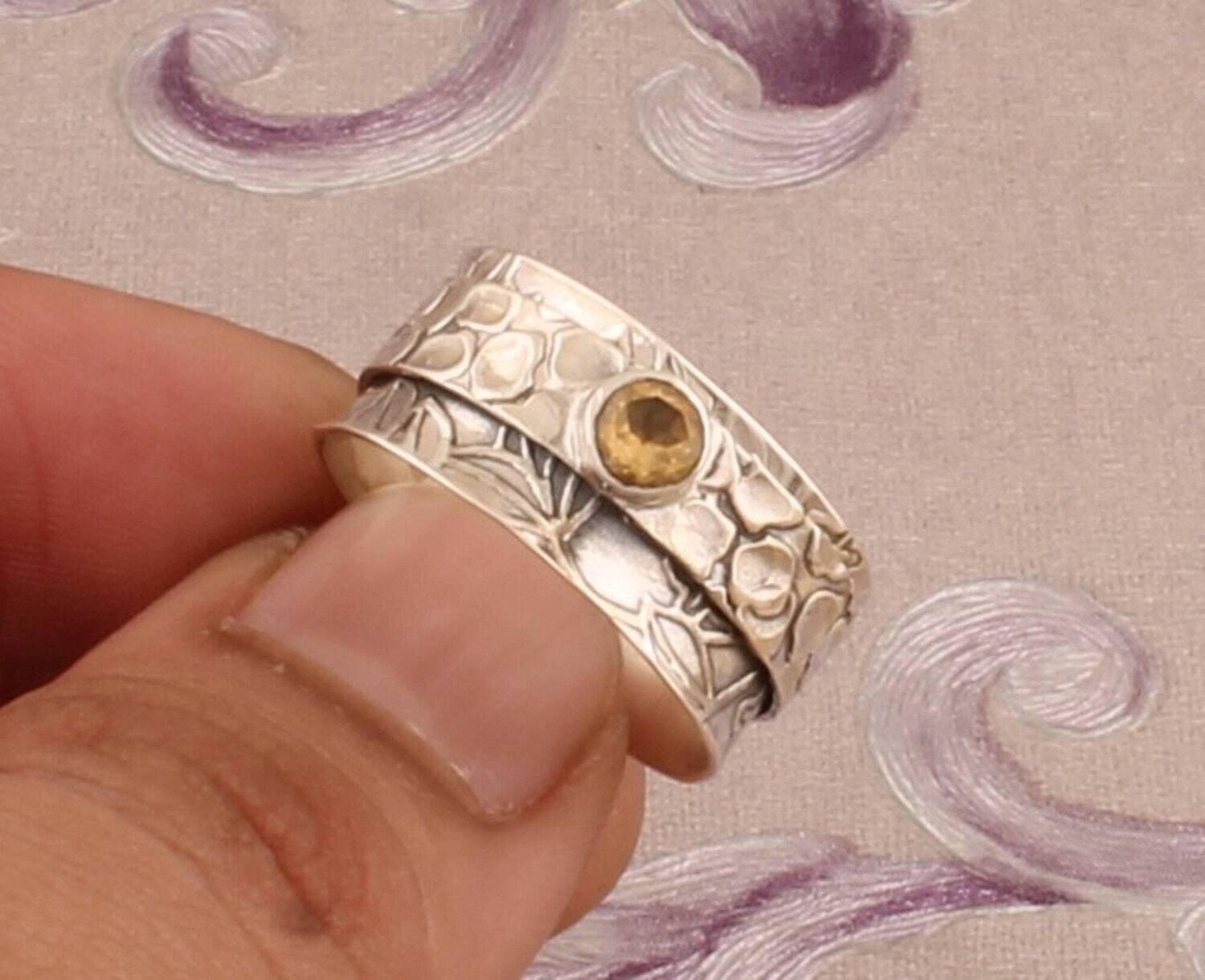 Citrine Spinner Ring, 925 Sterling Silver Ring, Round Shape Gemstone, Designer Carved Thumb Spinner, Handcrafted Spinner, Christmas Gift