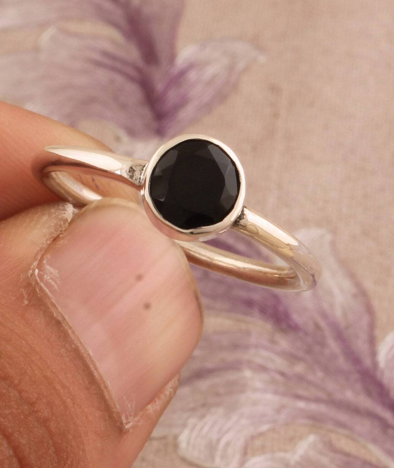 Simple Round Ring Gift For You ! Solid 925-Sterling Silver Ring With Black Onyx Gemstone Ring Handcrafted,Charm Boho Ring L#-282929-R