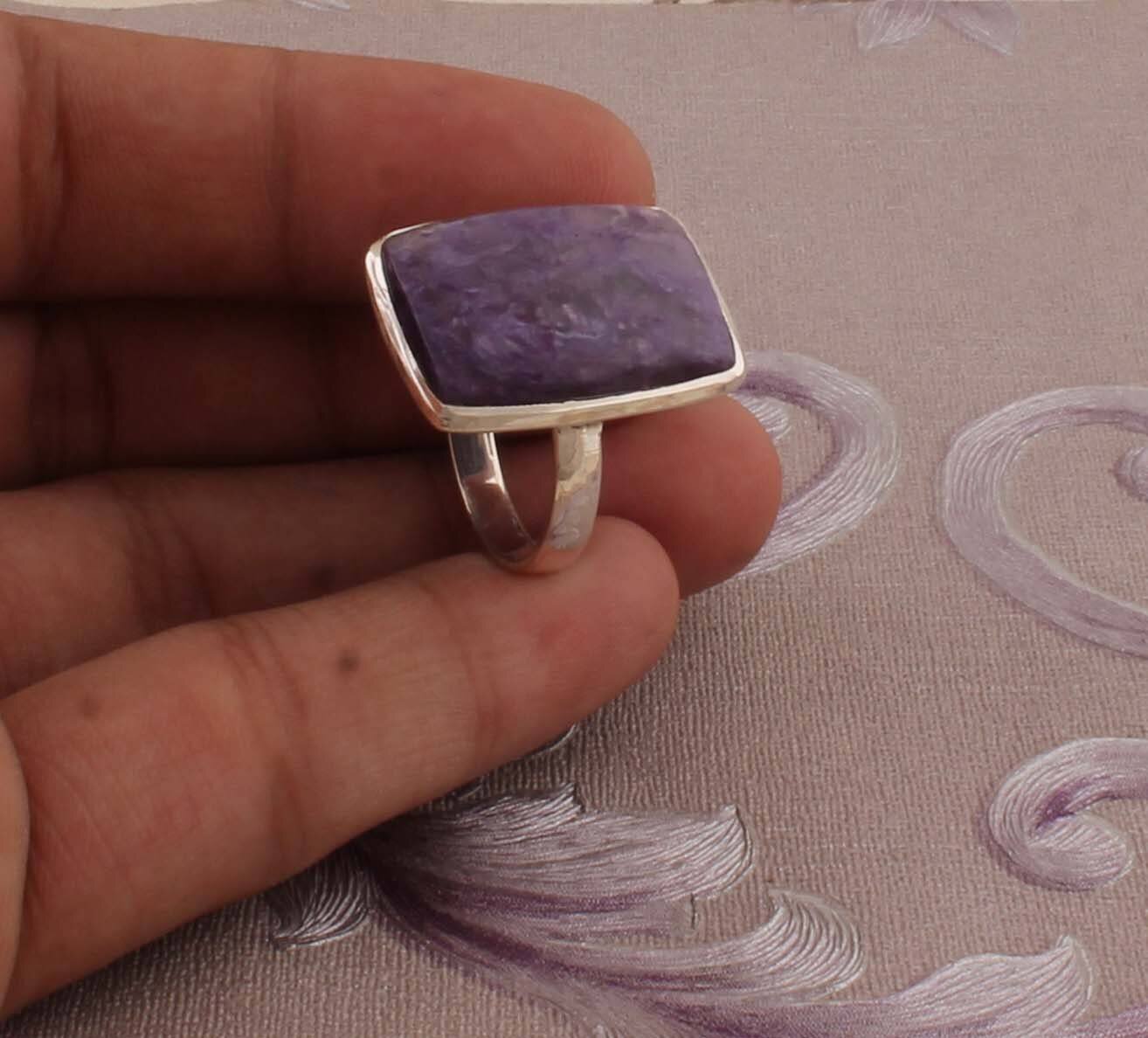 Amazing Charoite Top Quality Gemstone Ring Baguette Cabochon Stone Ring 925-Antique Silver Ring Middle Finger Ring Gift For HerCyber2021