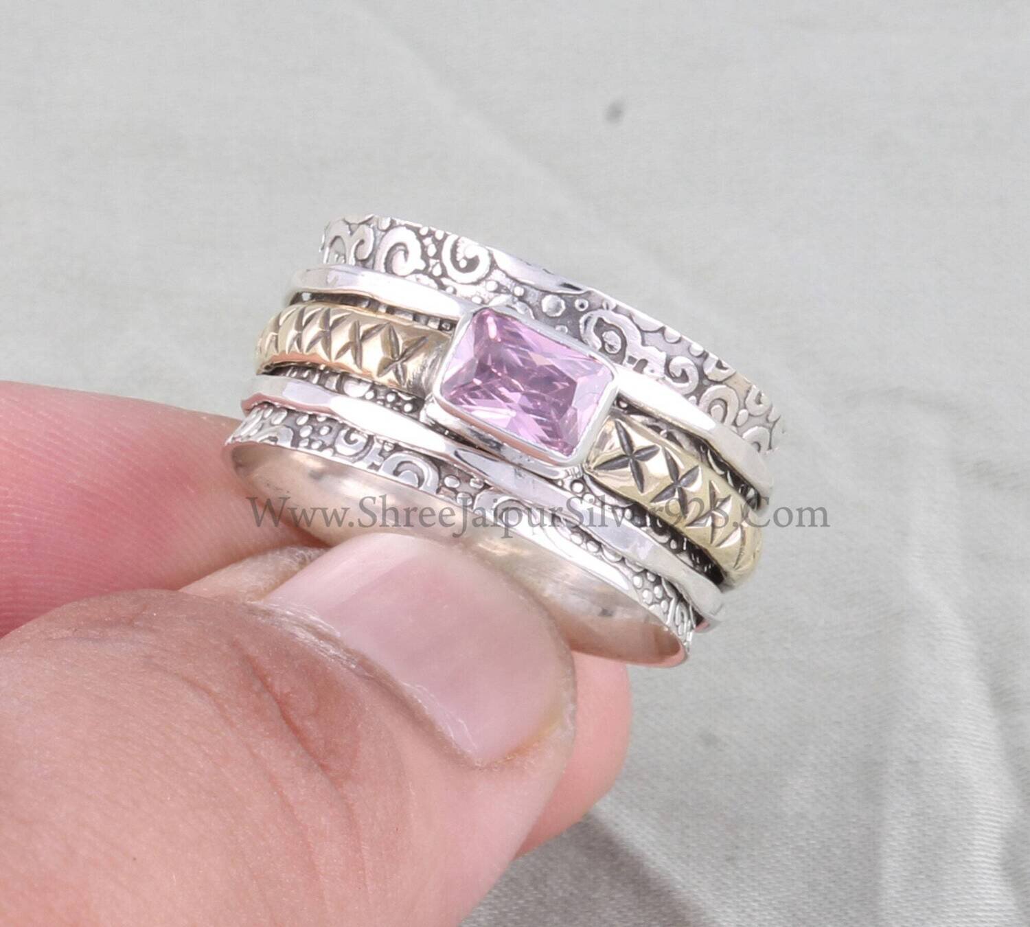 Pink Cubic Zirconia Engraved Band Solid 925 Sterling Silver Spinner Ring For Women, Handmade Two Tone X Ring For Wedding Anniversary Gift
