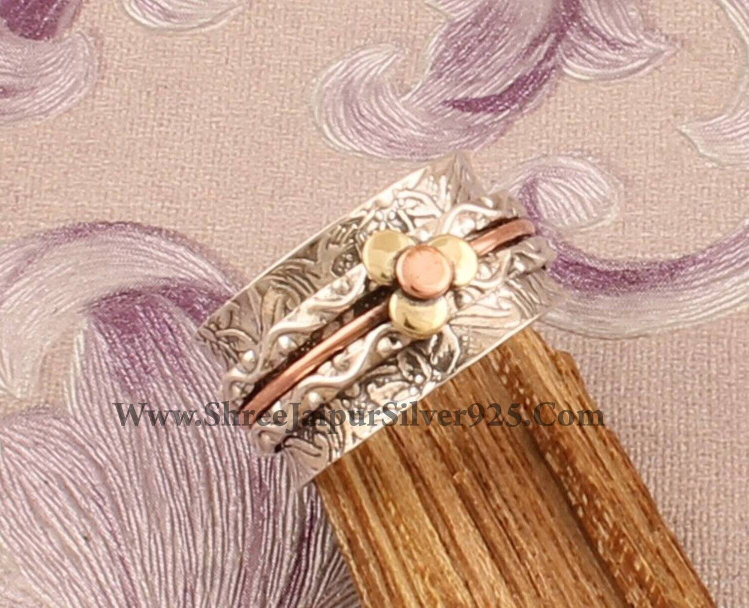 Hand Carved Band Three Tone Spinner Ring, 925 Sterling Silver &amp; Brass Floral Worry Ring, Present For Her, Valentine's Day Gift Idea Jewelry